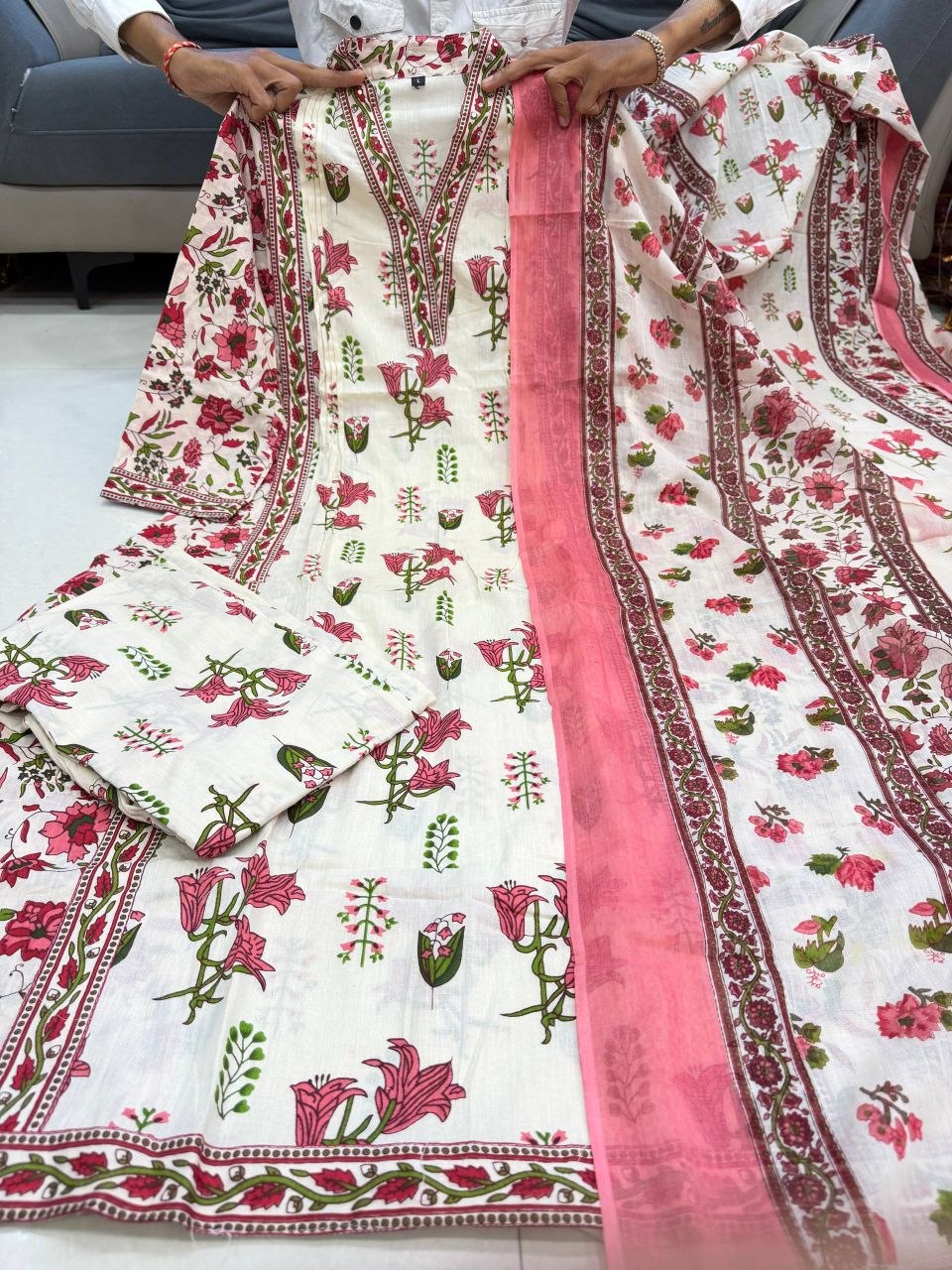 Off-White & Pink Pure Cotton Floral Suit Set