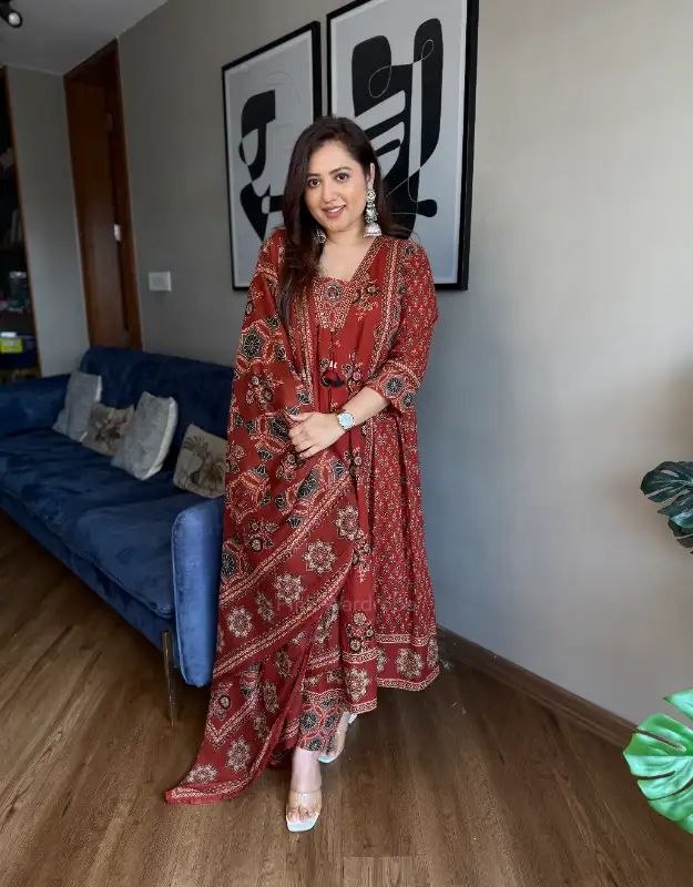 Maroon Ajrakh Print Pure Cotton Anarkali Suit Set