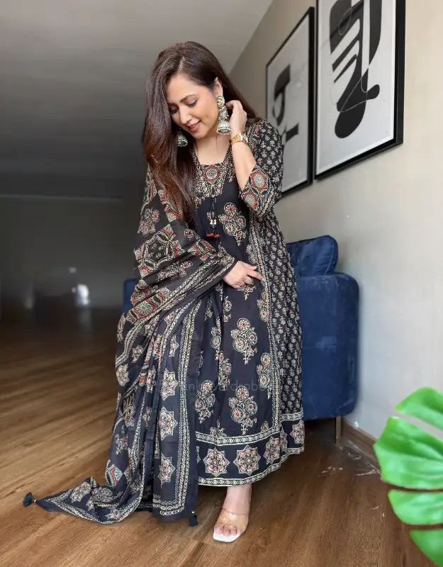 Traditional Ajrakh Printed Cotton Anarkali Kurta with Dupatta Set