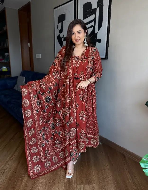 Maroon Ajrakh Print Pure Cotton Anarkali Suit Set