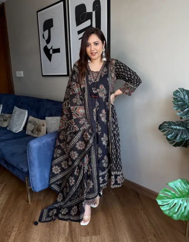 Traditional Ajrakh Printed Cotton Anarkali Kurta with Dupatta Set