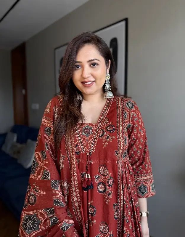 Maroon Ajrakh Print Pure Cotton Anarkali Suit Set