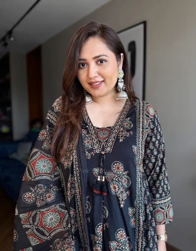 Traditional Ajrakh Printed Cotton Anarkali Kurta with Dupatta Set