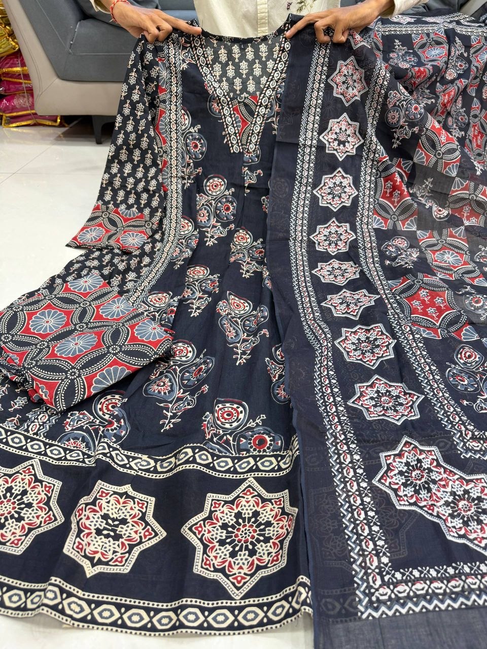 Traditional Ajrakh Printed Cotton Anarkali Kurta with Dupatta Set