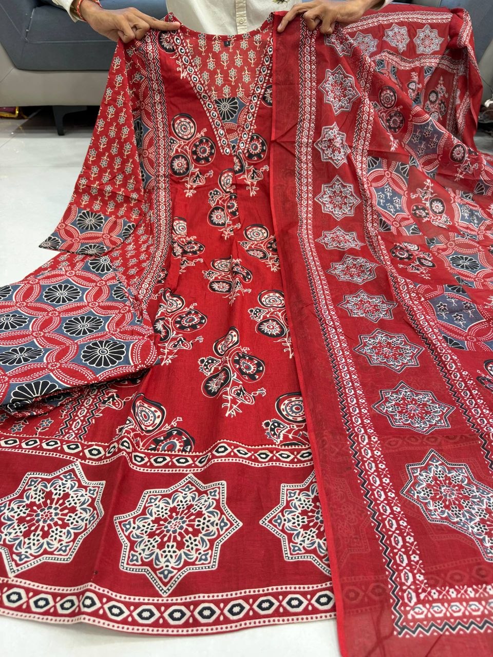 Maroon Ajrakh Print Pure Cotton Anarkali Suit Set