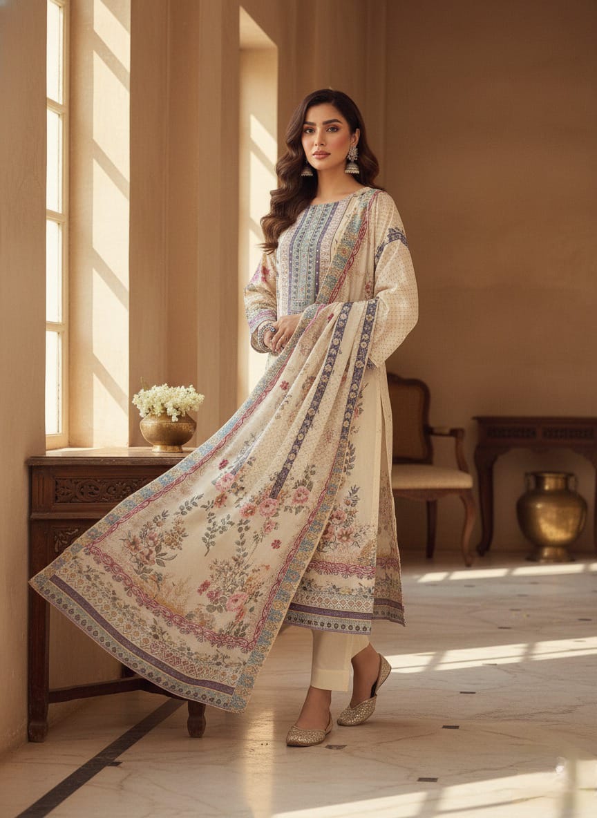 Vintage Floral Elegance: Ivory Silk Blend Embroidered Kurta Set with Printed Dupatta