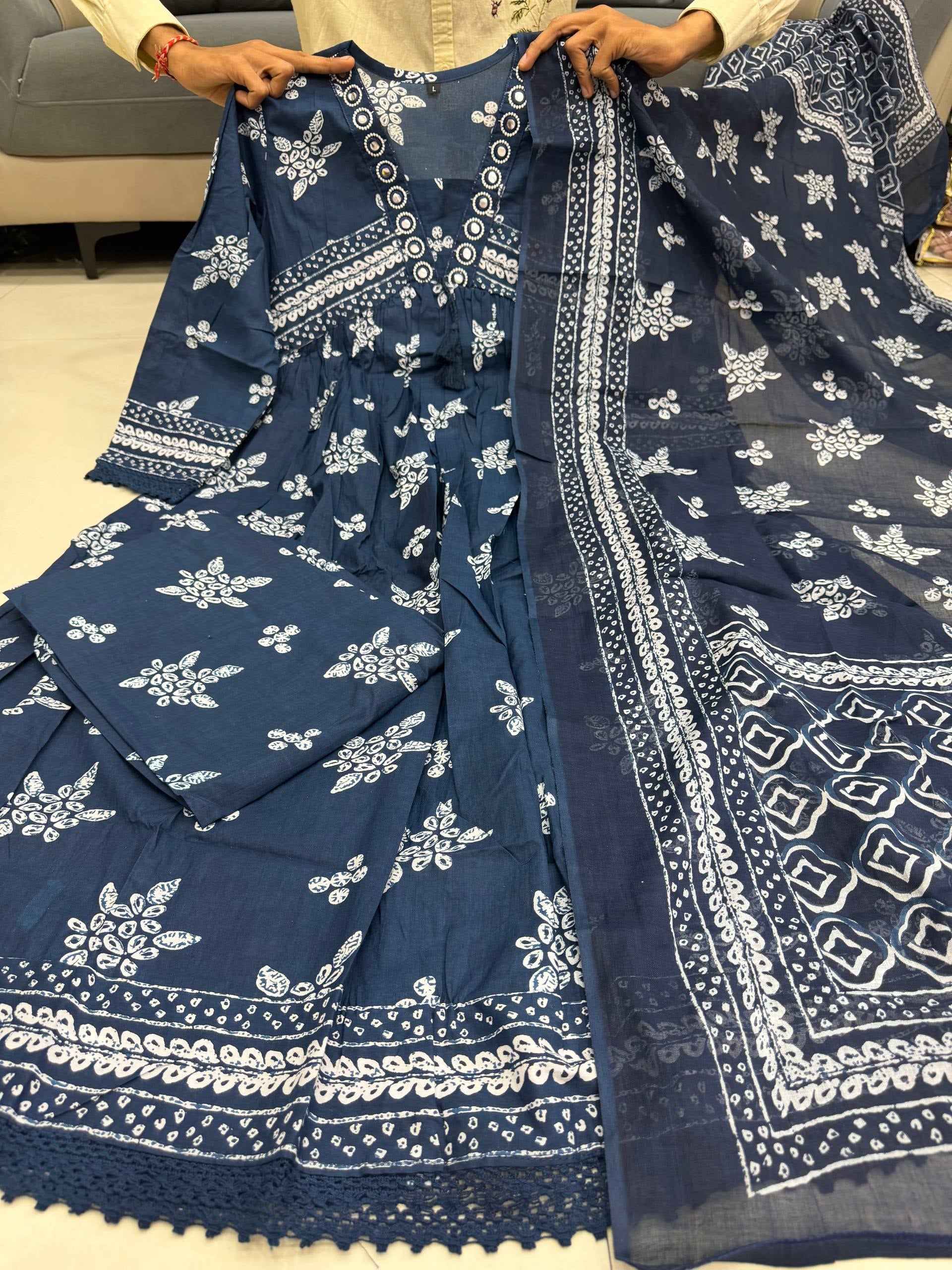Indigo Elegance Hand-Block Printed Cotton Kurta Set