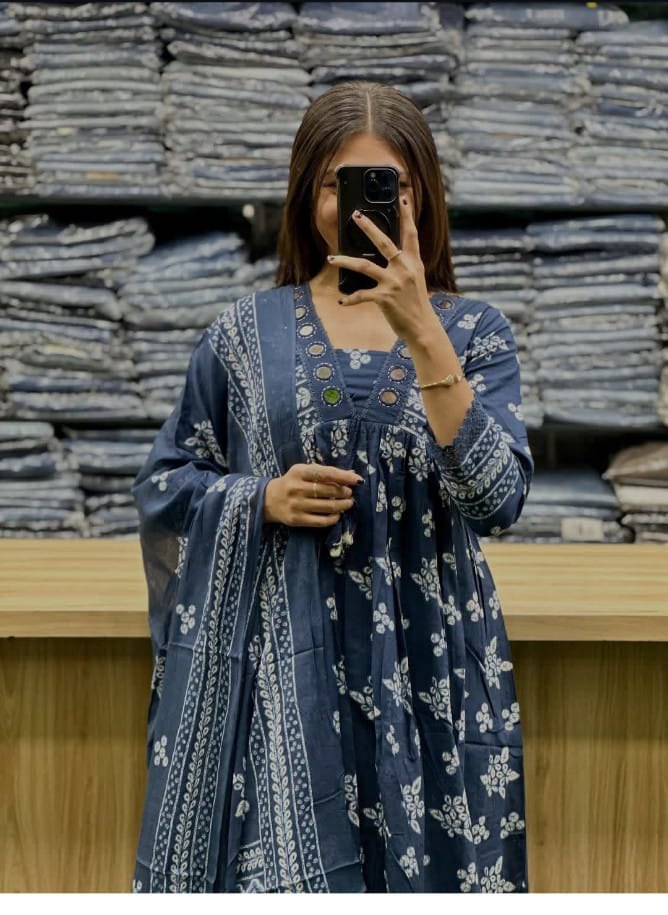 Indigo Elegance Hand-Block Printed Cotton Kurta Set