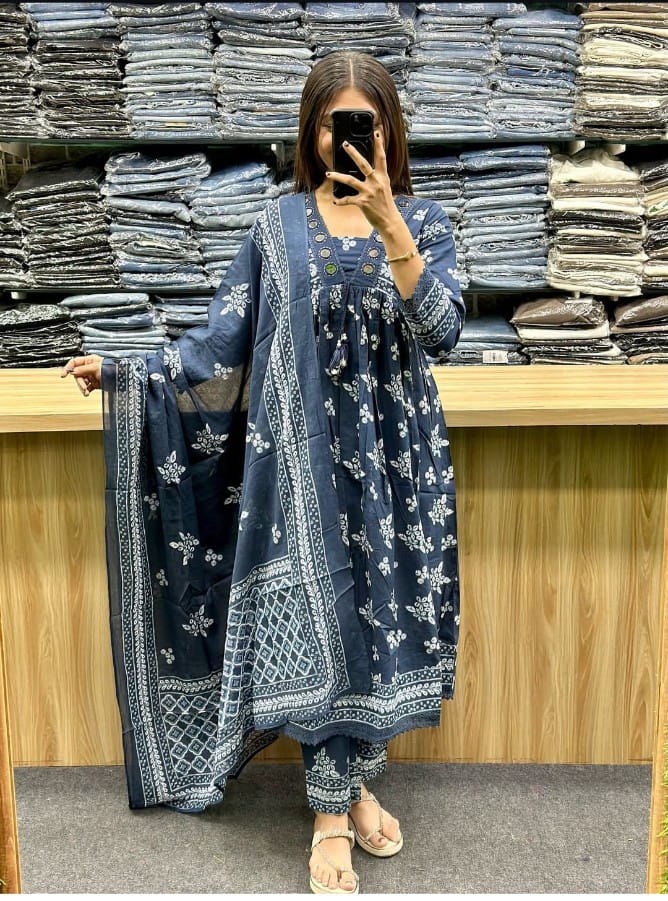 Indigo Elegance Hand-Block Printed Cotton Kurta Set