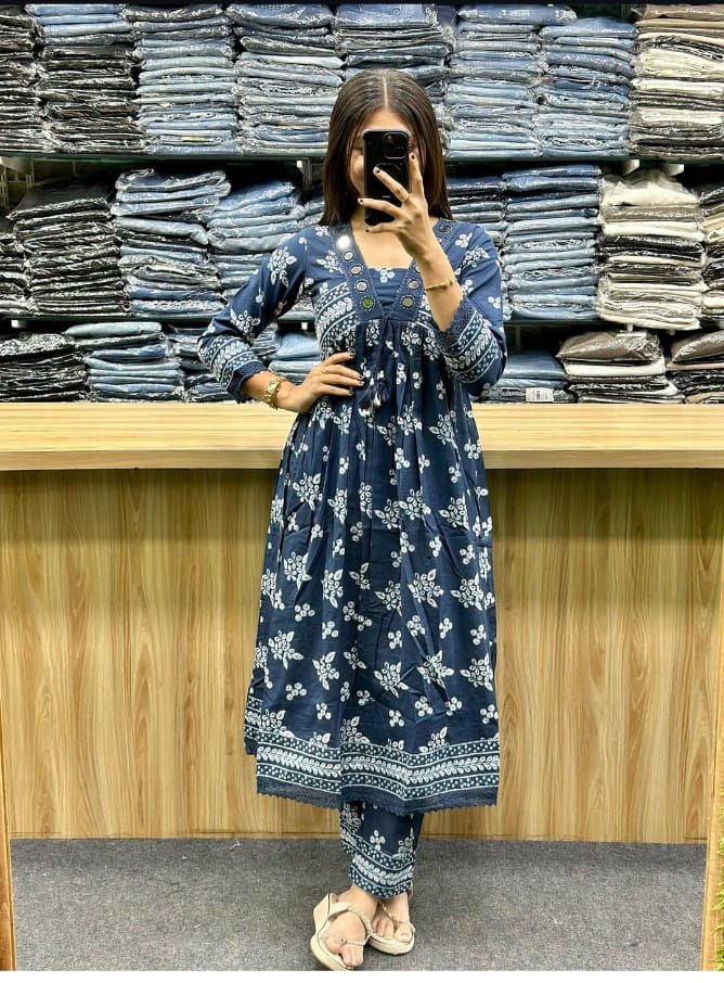 Indigo Elegance Hand-Block Printed Cotton Kurta Set