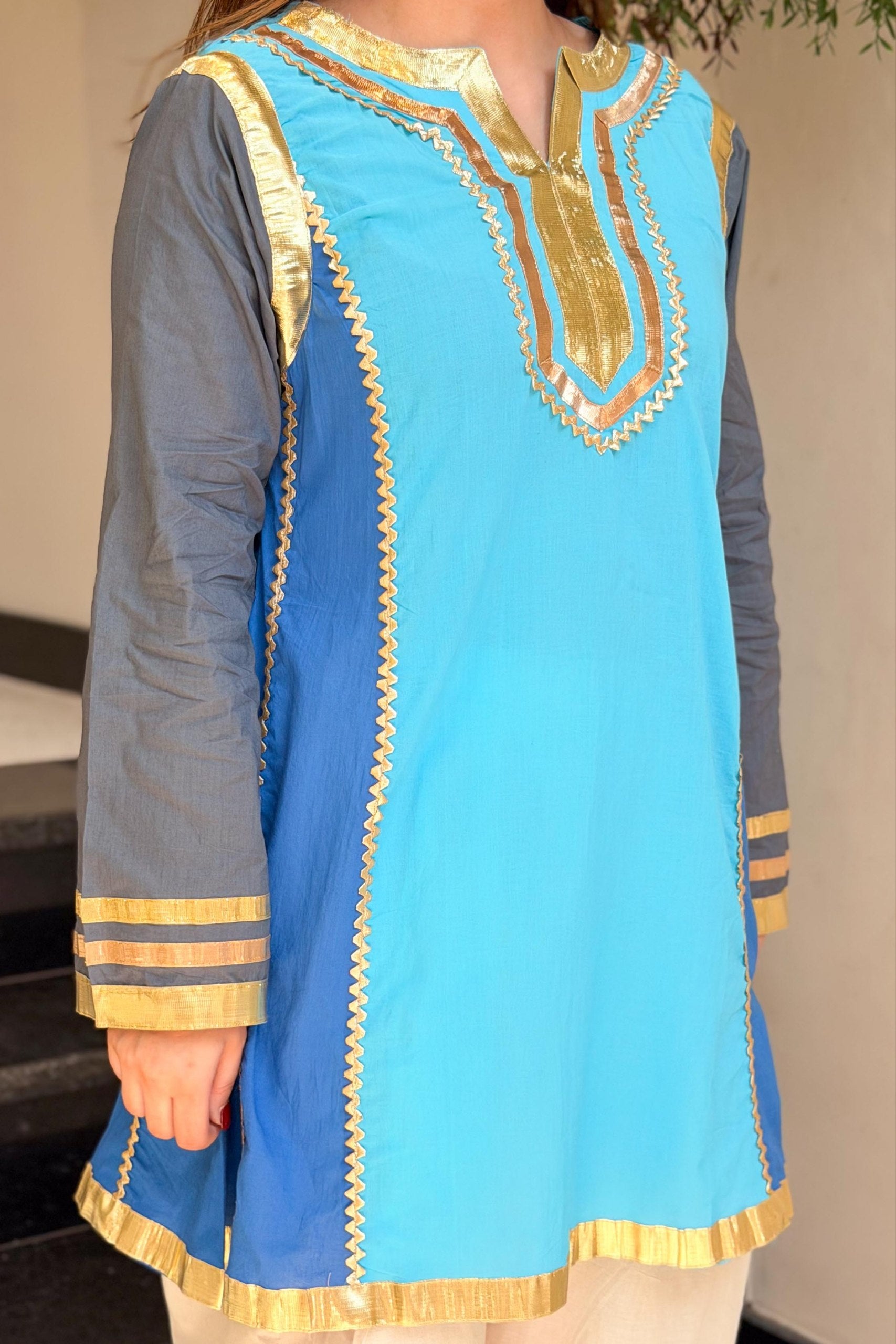Azure & Slate Jaipuri Cotton Short Kurta Set with Gota Patti Detailing