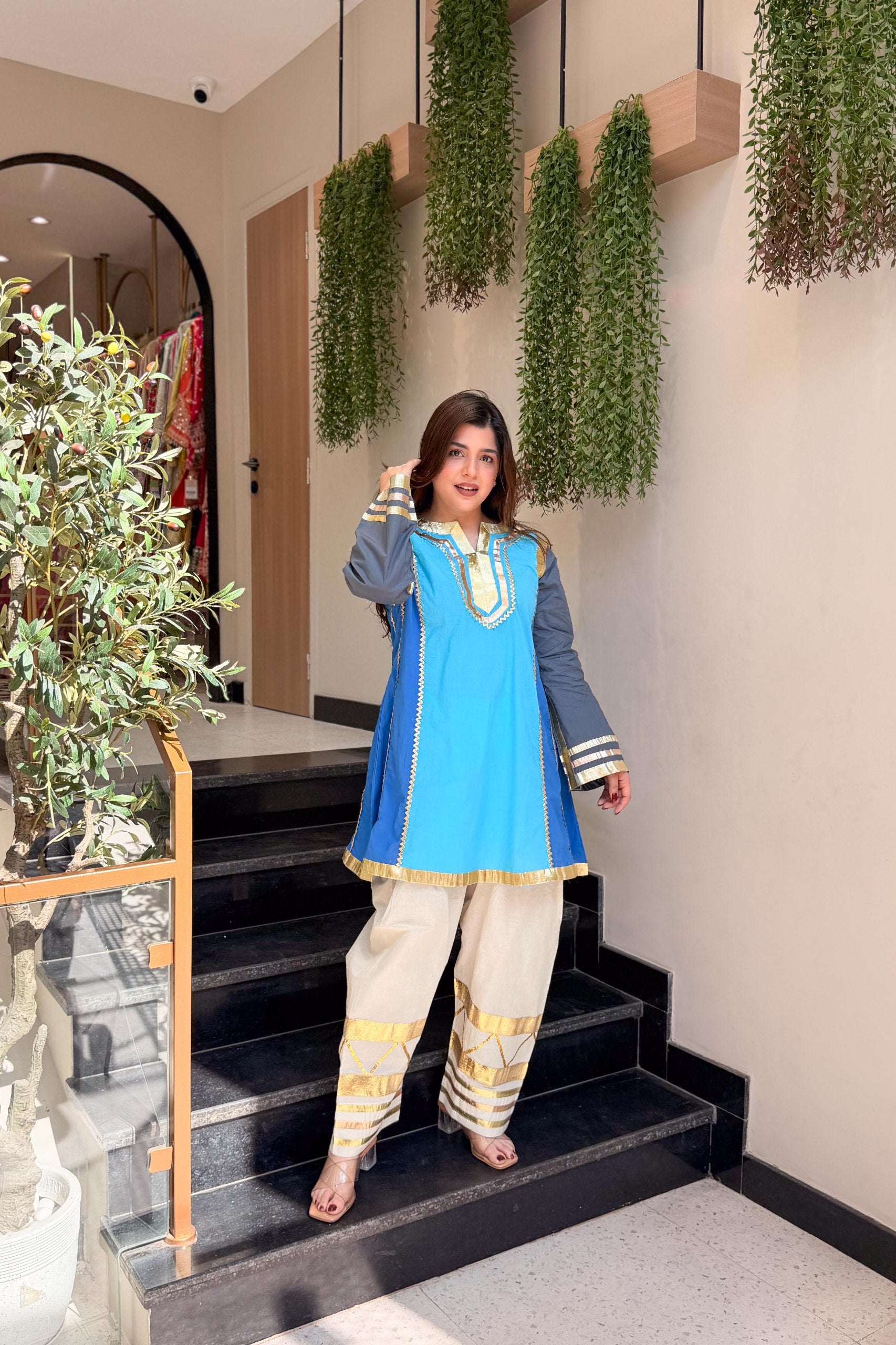 Azure & Slate Jaipuri Cotton Short Kurta Set with Gota Patti Detailing