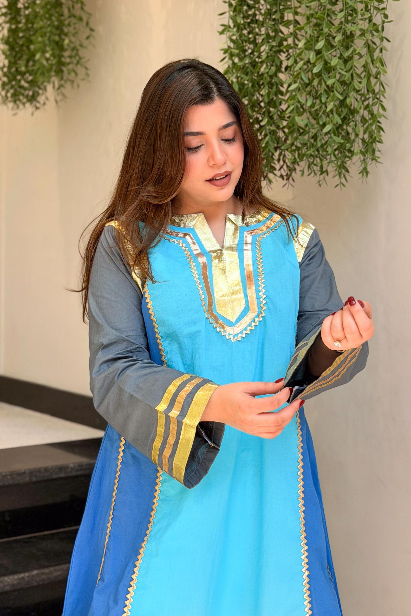 Azure & Slate Jaipuri Cotton Short Kurta Set with Gota Patti Detailing