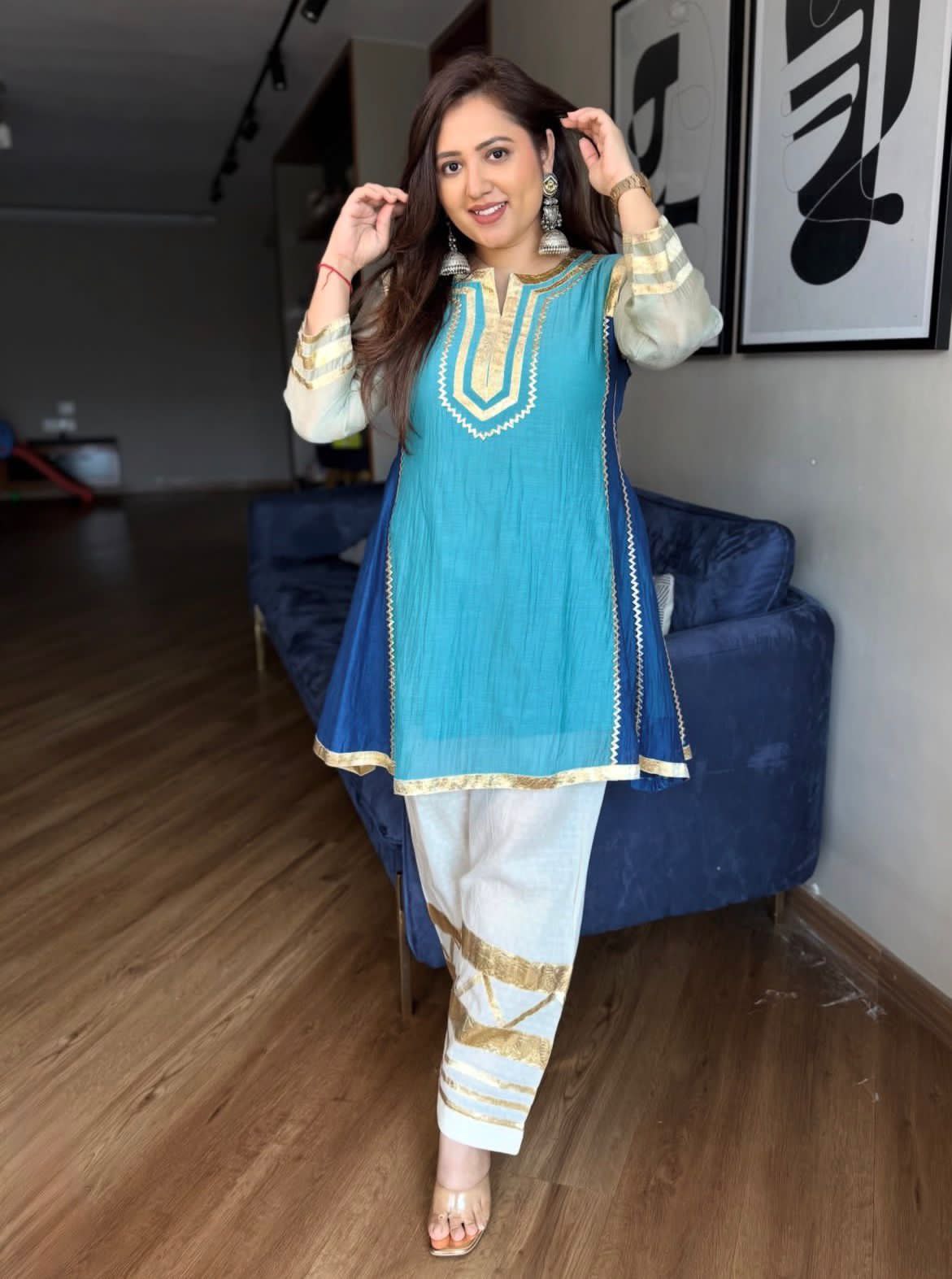 Azure & Slate Jaipuri Cotton Short Kurta Set with Gota Patti Detailing