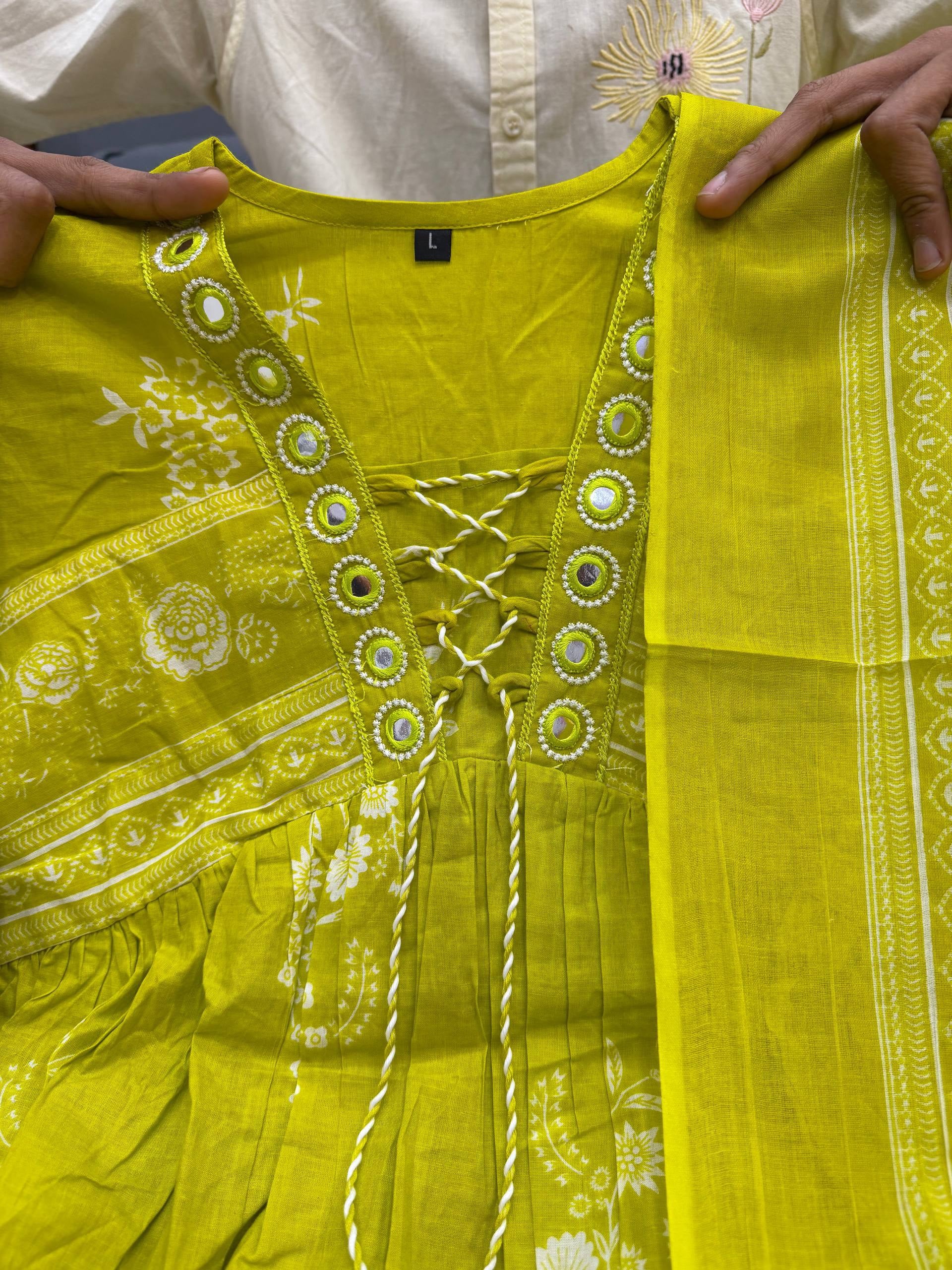 Citrus Bloom Mirror-Work Cotton Anarkali Set