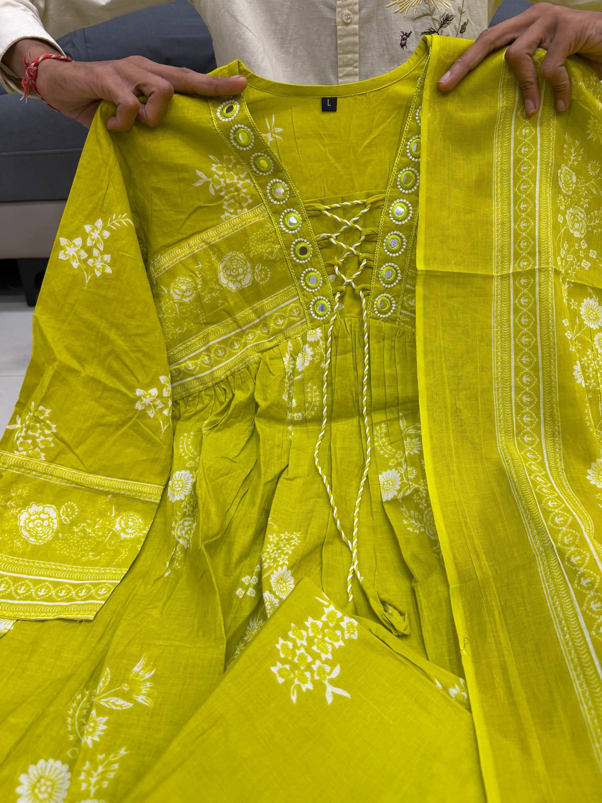 Citrus Bloom Mirror-Work Cotton Anarkali Set