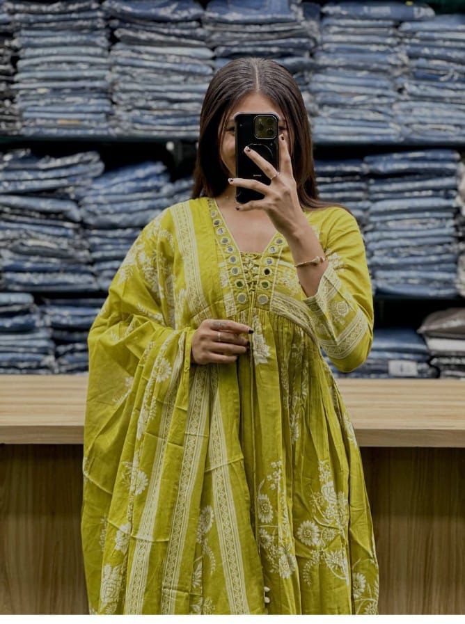 Citrus Bloom Mirror-Work Cotton Anarkali Set