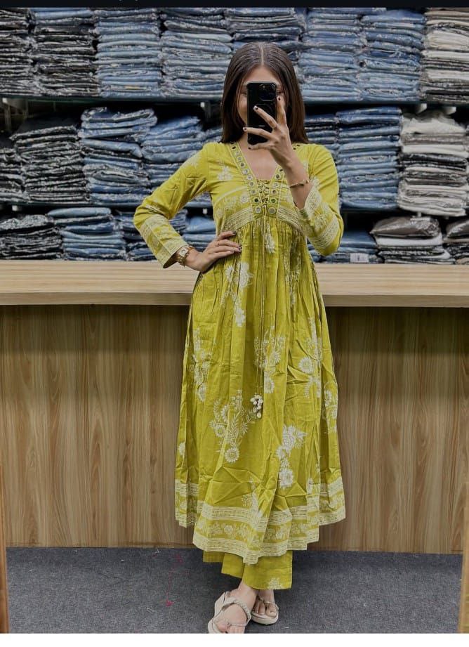 Citrus Bloom Mirror-Work Cotton Anarkali Set