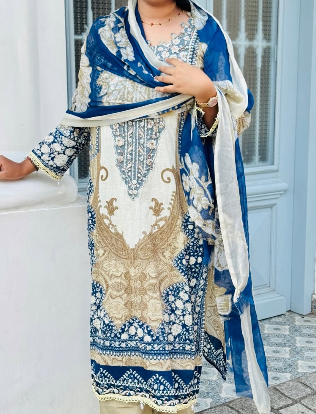 Vintage Azure & Gold Digital Printed Berry Silk Kurta Set