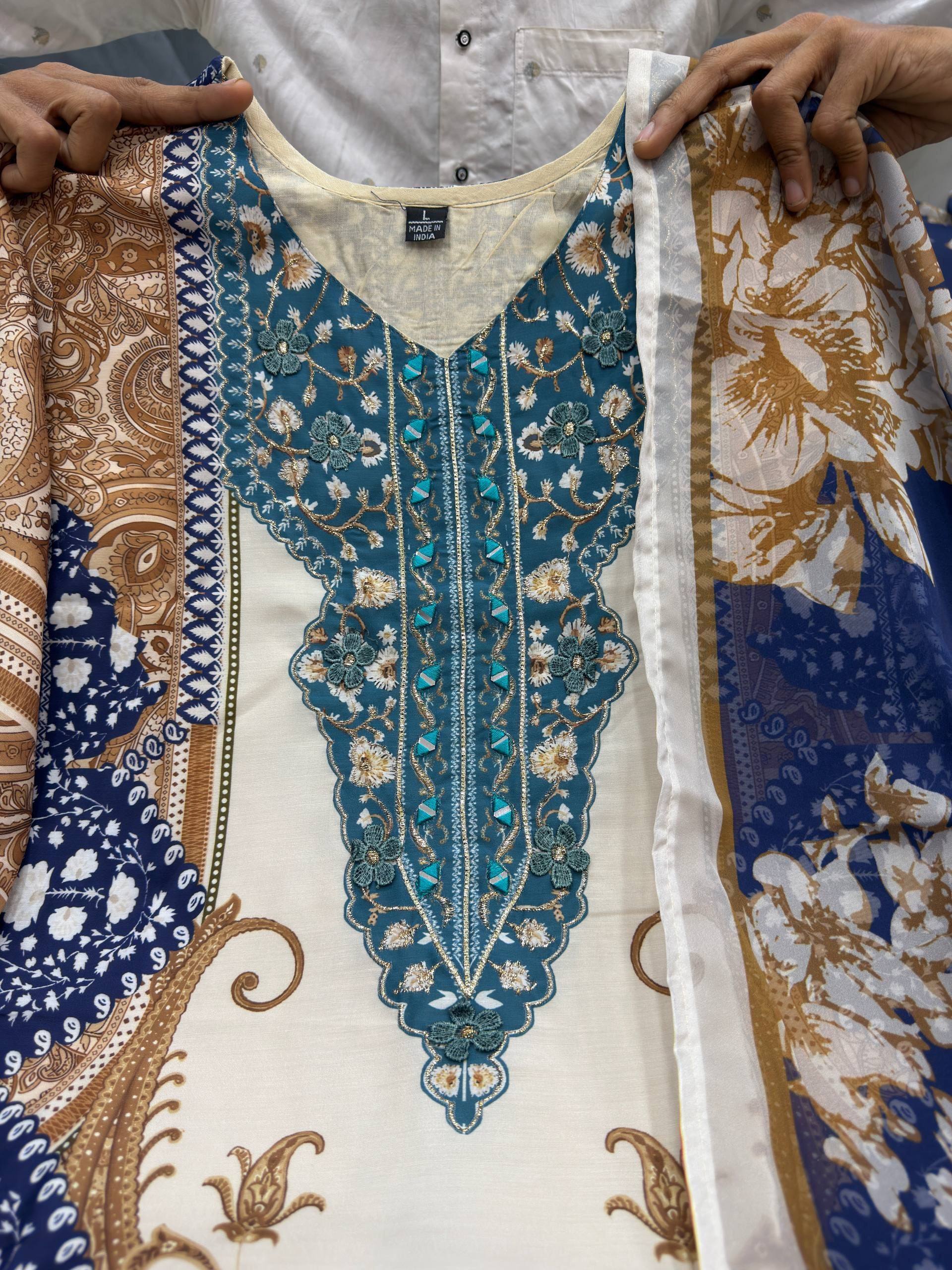 Vintage Azure & Gold Digital Printed Berry Silk Kurta Set