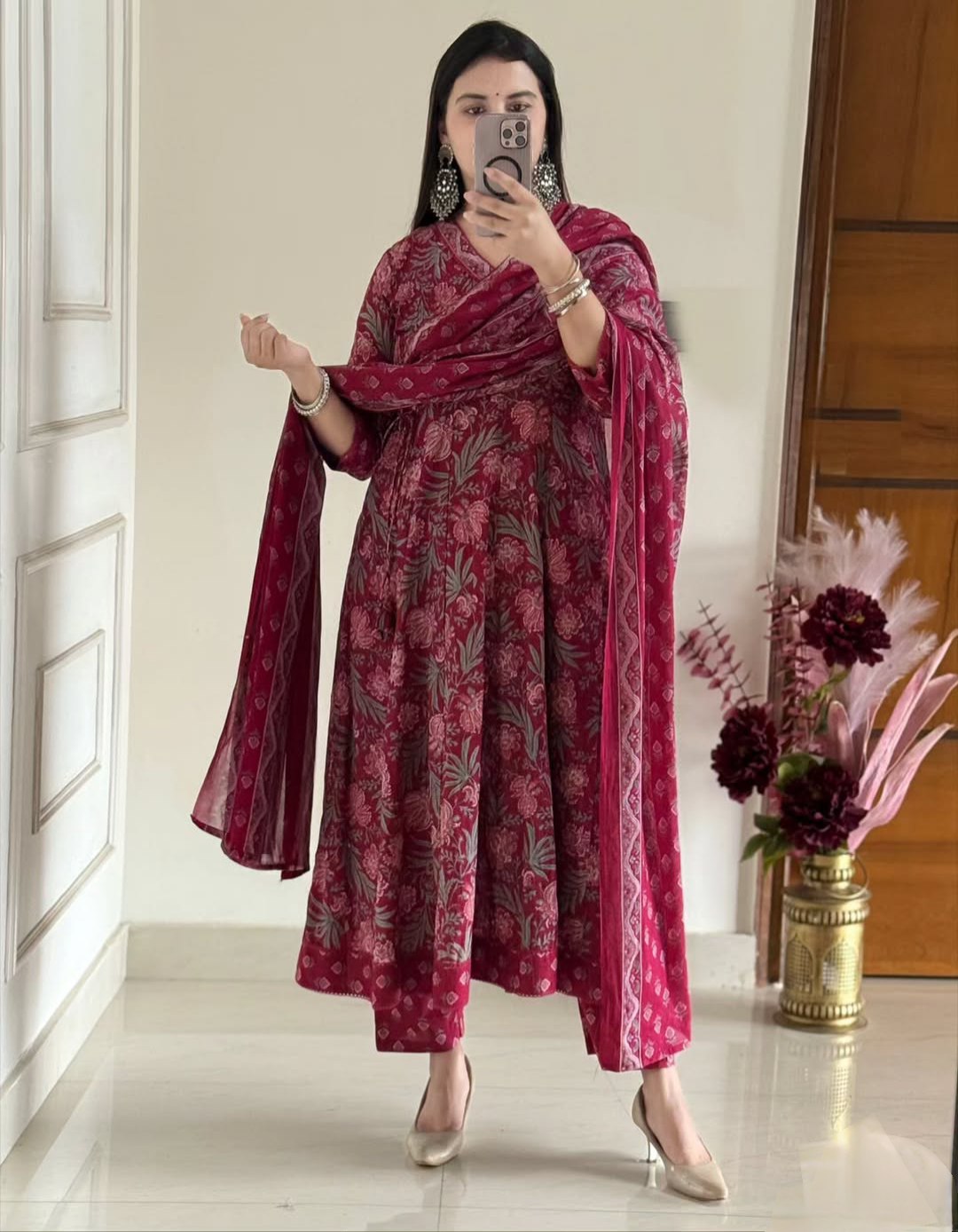 Royal Crimson Hand-Block Jaipuri Cotton Anarkali Set