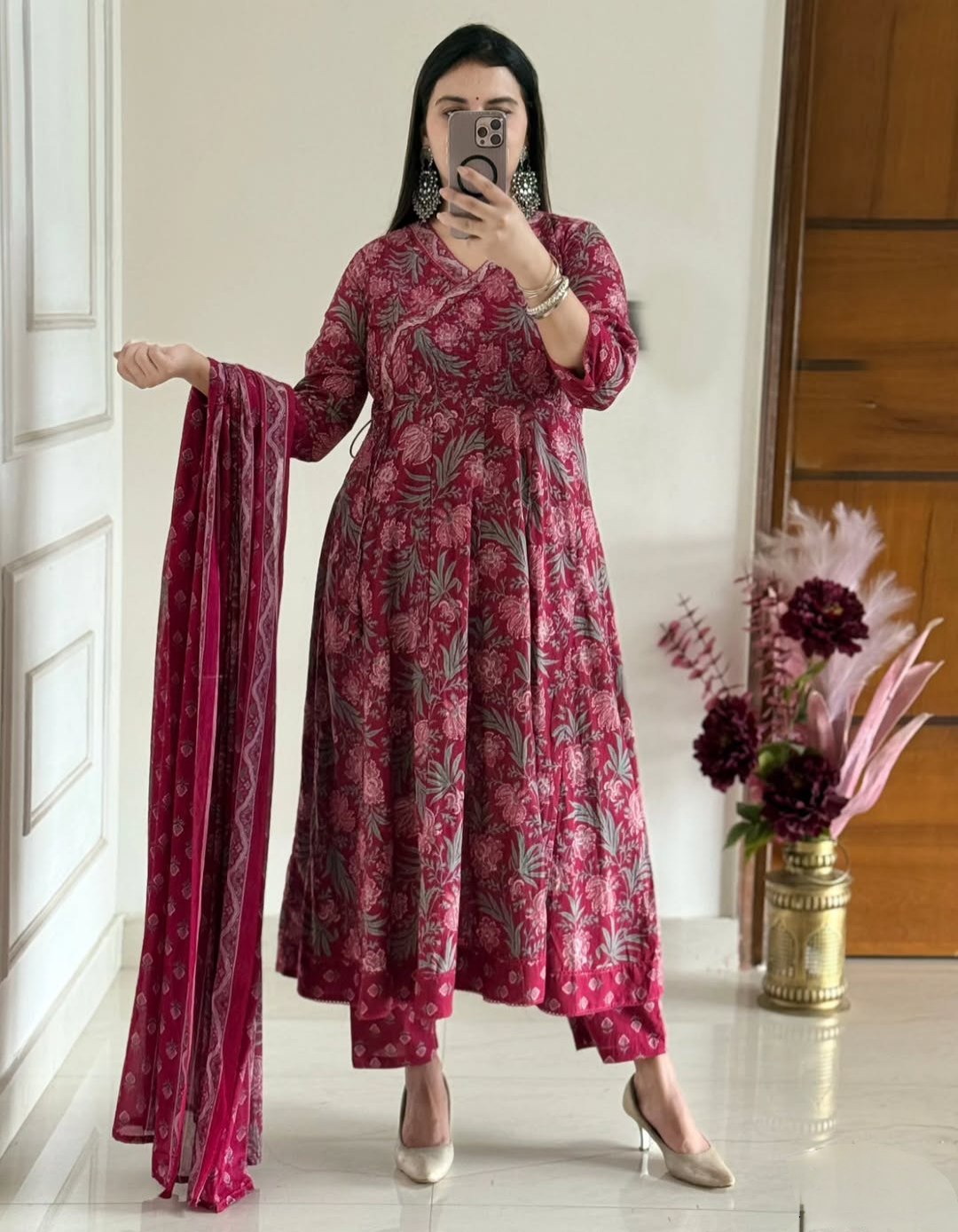 Royal Crimson Hand-Block Jaipuri Cotton Anarkali Set