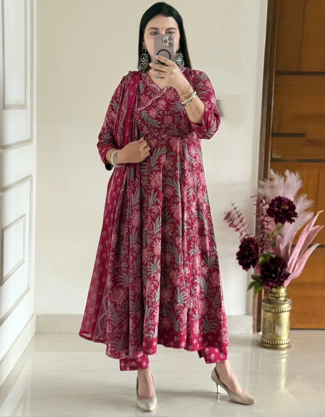 Royal Crimson Hand-Block Jaipuri Cotton Anarkali Set