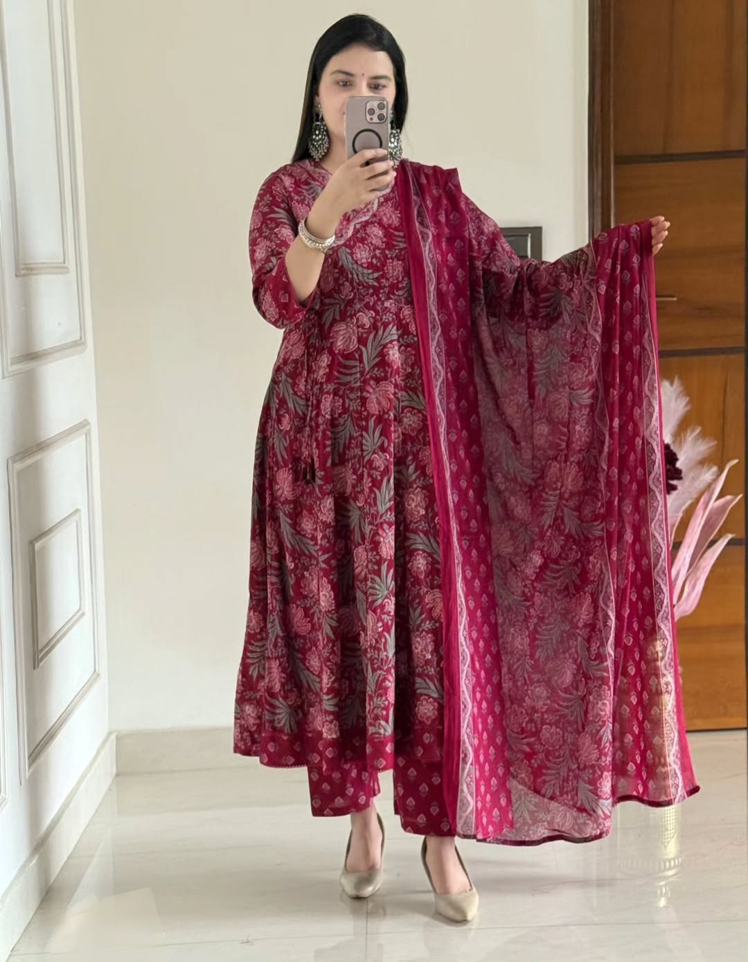 Royal Crimson Hand-Block Jaipuri Cotton Anarkali Set