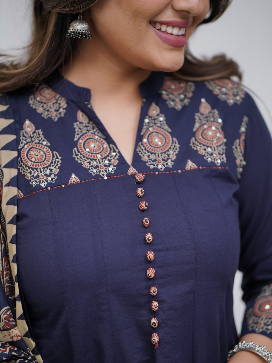 Midnight Navy Ajrakh-Print Jaipuri Cotton Anarkali Set