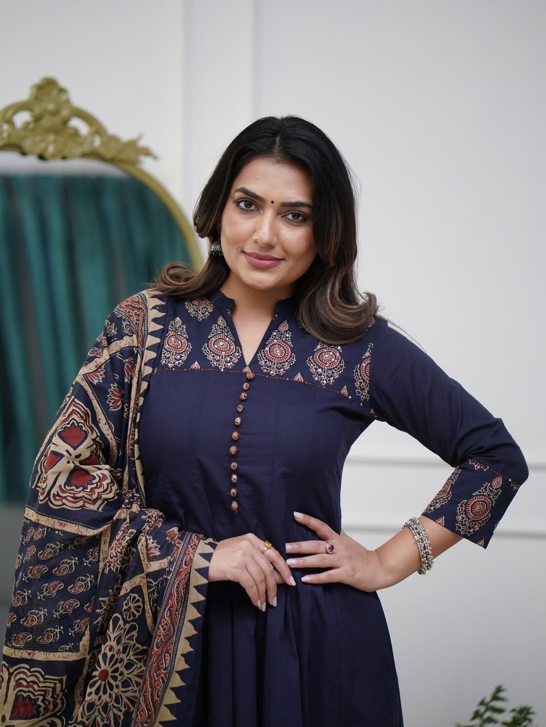Midnight Navy Ajrakh-Print Jaipuri Cotton Anarkali Set