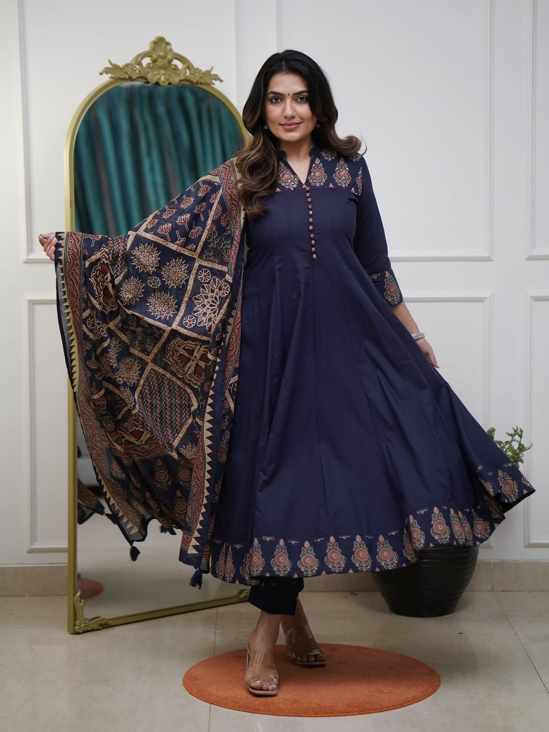 Midnight Navy Ajrakh-Print Jaipuri Cotton Anarkali Set