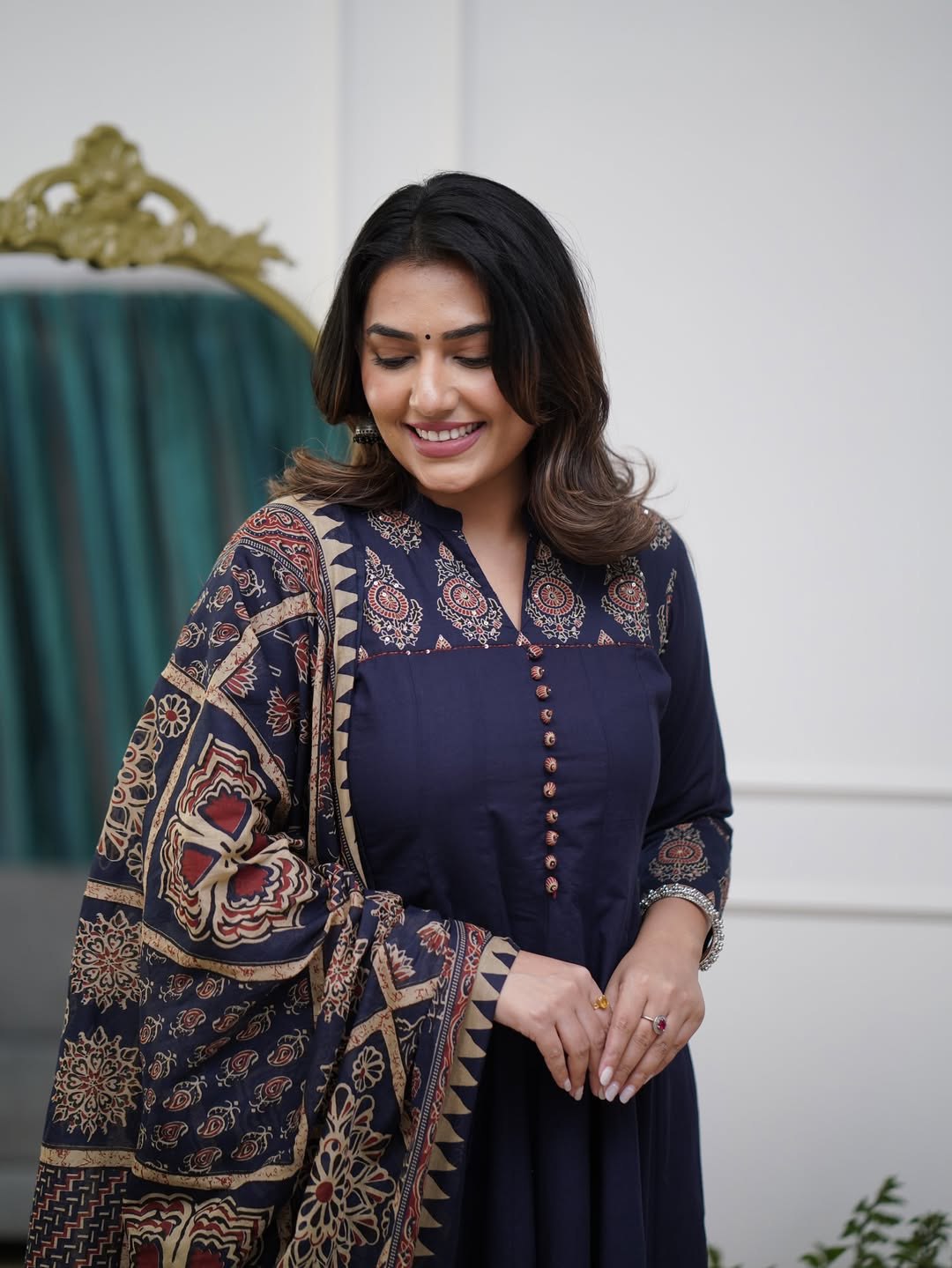 Midnight Navy Ajrakh-Print Jaipuri Cotton Anarkali Set