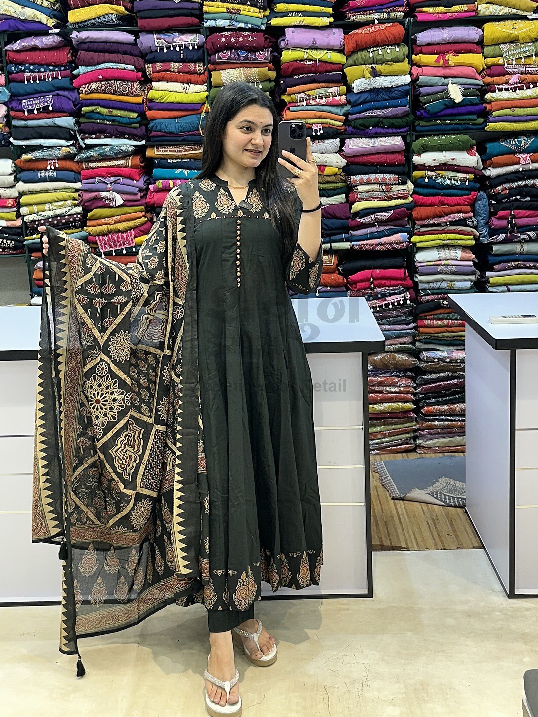Forest Green Jaipuri Cotton Anarkali Set with Block-Print Dupatta
