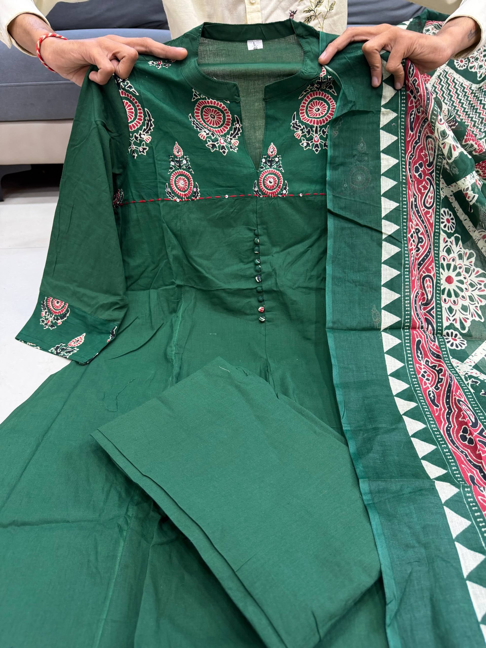 Forest Green Jaipuri Cotton Anarkali Set with Block-Print Dupatta