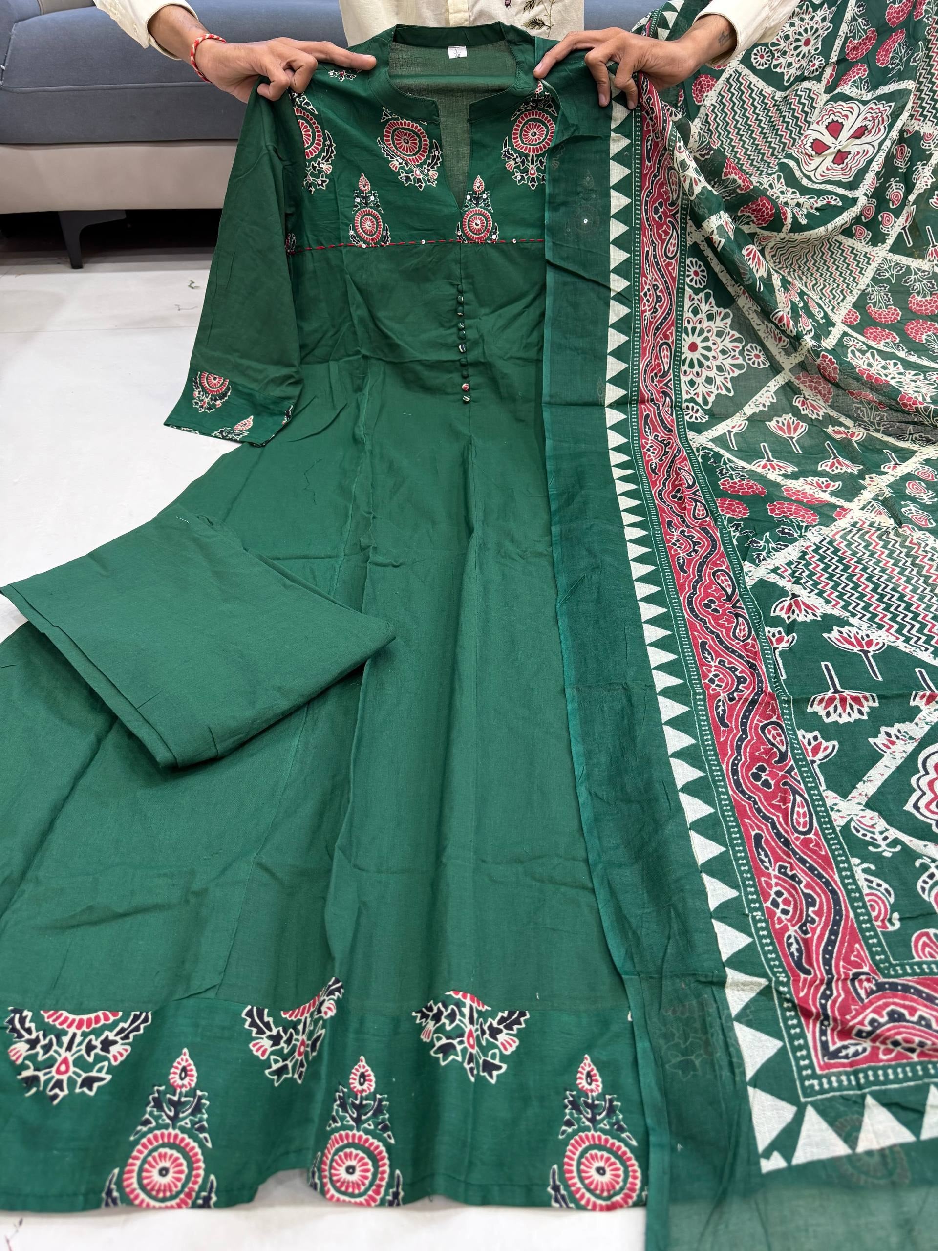 Forest Green Jaipuri Cotton Anarkali Set with Block-Print Dupatta