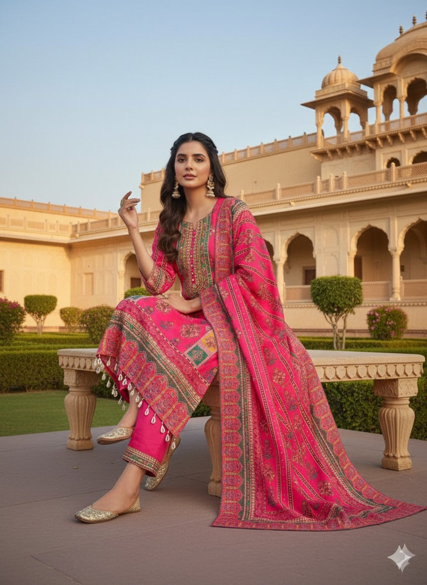 Rani Pink Silk Blend Festive Kurta Set with Scalloped Shell Detailing