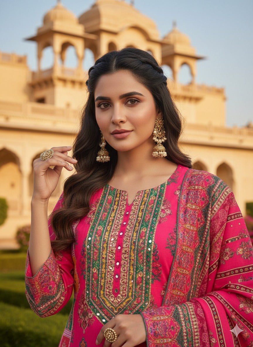 Rani Pink Silk Blend Festive Kurta Set with Scalloped Shell Detailing
