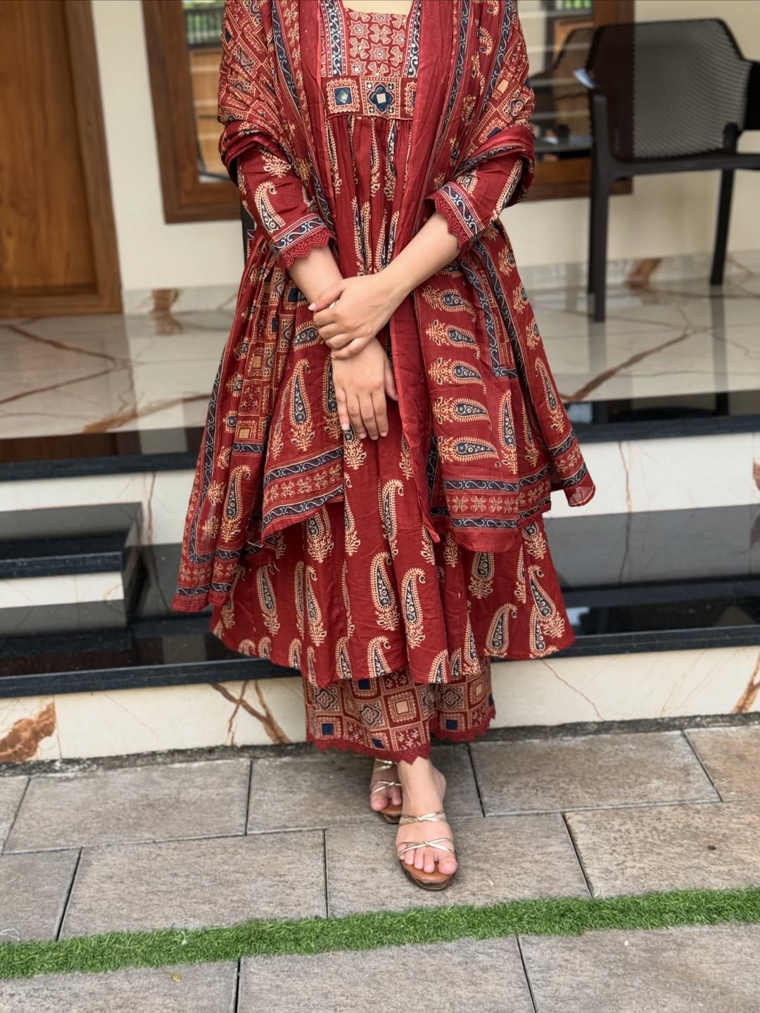 Maroon Jaipuri Cotton Paisley Print Anarkali Kurta Set with Dupatta & Pants