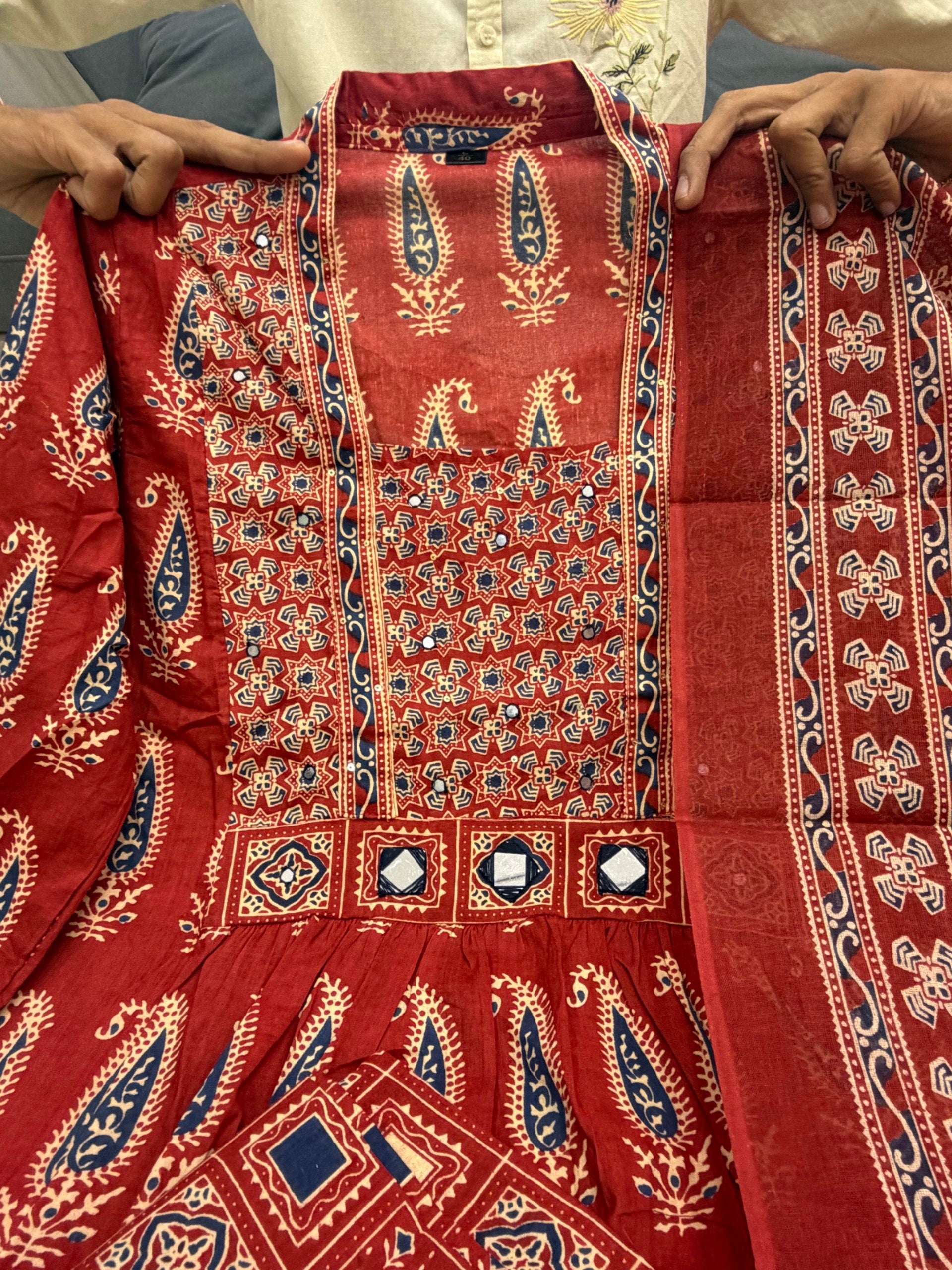 Maroon Jaipuri Cotton Paisley Print Anarkali Kurta Set with Dupatta & Pants