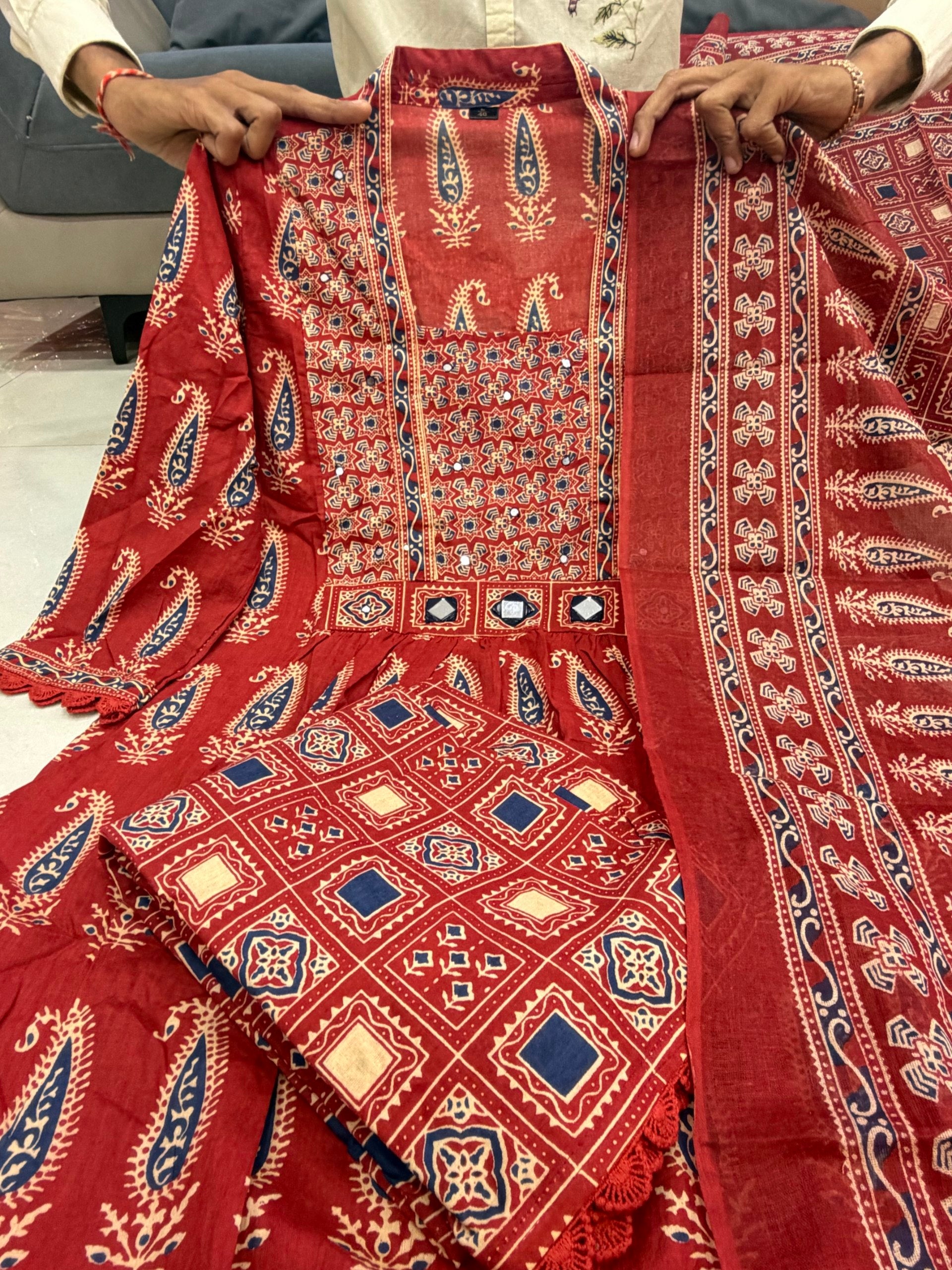 Maroon Jaipuri Cotton Paisley Print Anarkali Kurta Set with Dupatta & Pants