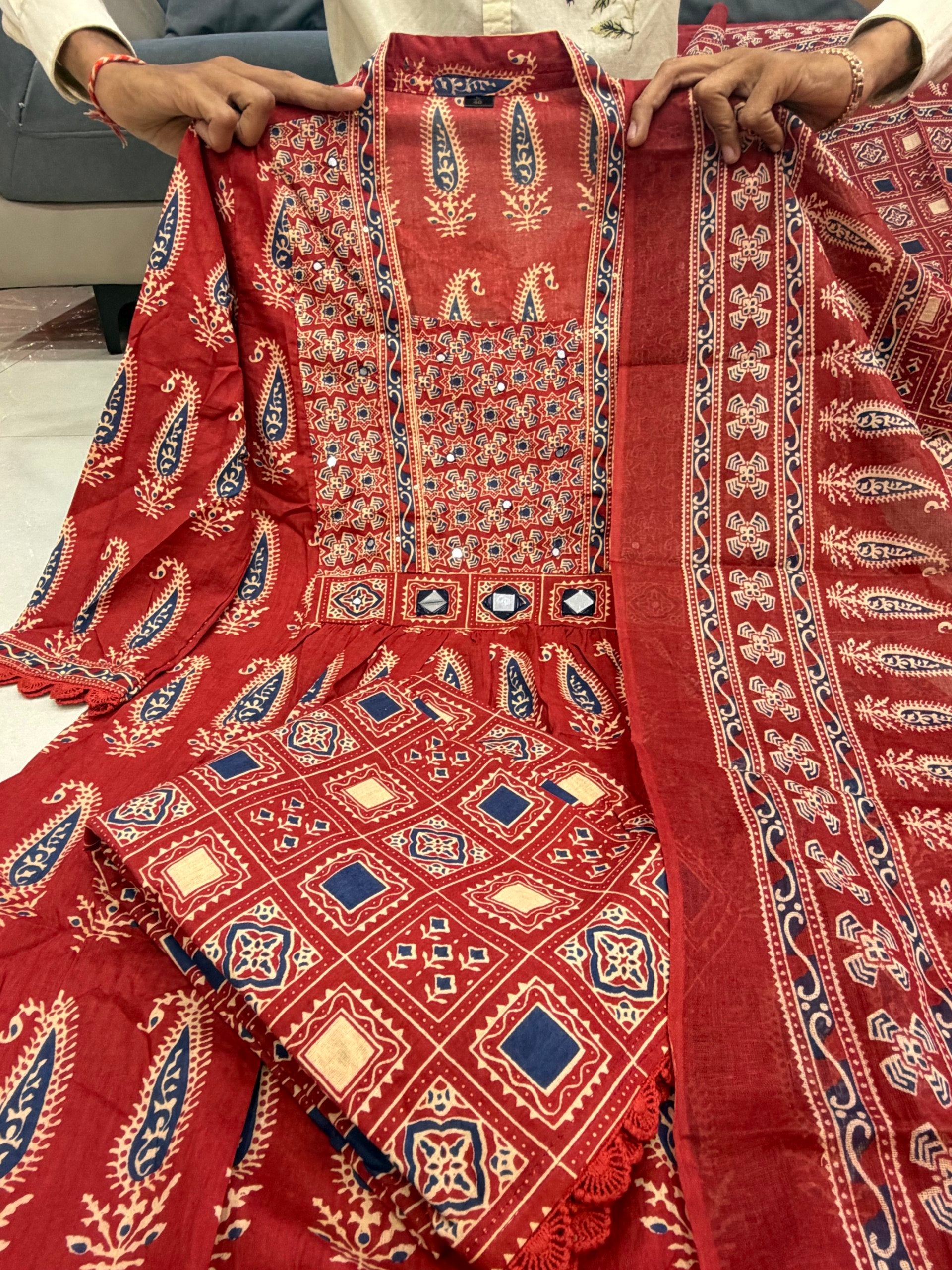 Maroon Jaipuri Cotton Paisley Print Anarkali Kurta Set with Dupatta & Pants