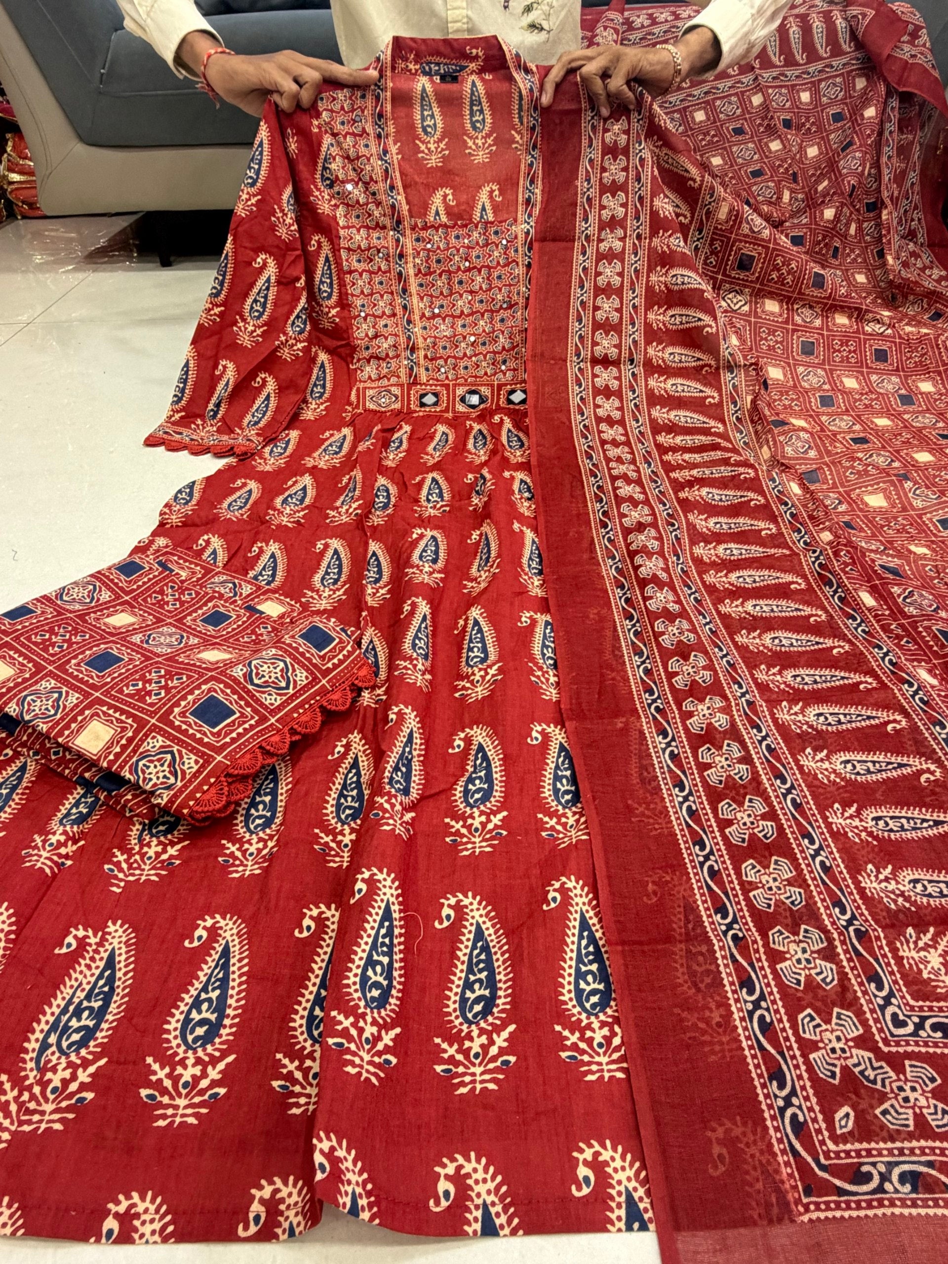 Maroon Jaipuri Cotton Paisley Print Anarkali Kurta Set with Dupatta & Pants