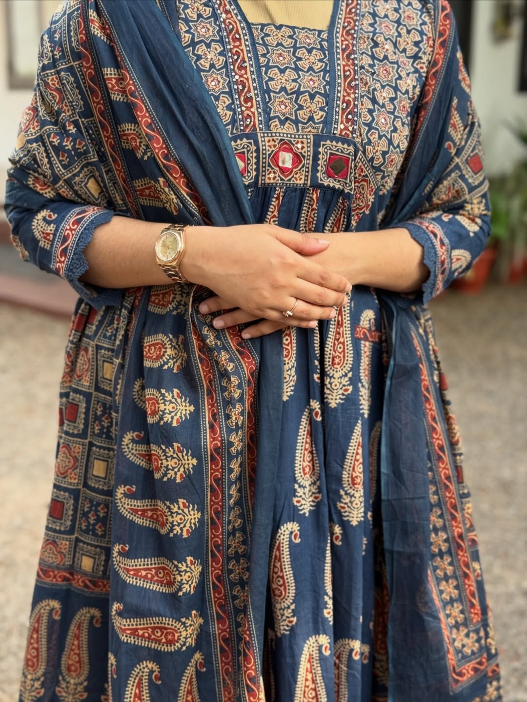 Traditional Indigo Jaipuri Cotton Anarkali Kurta Set with Dupatta