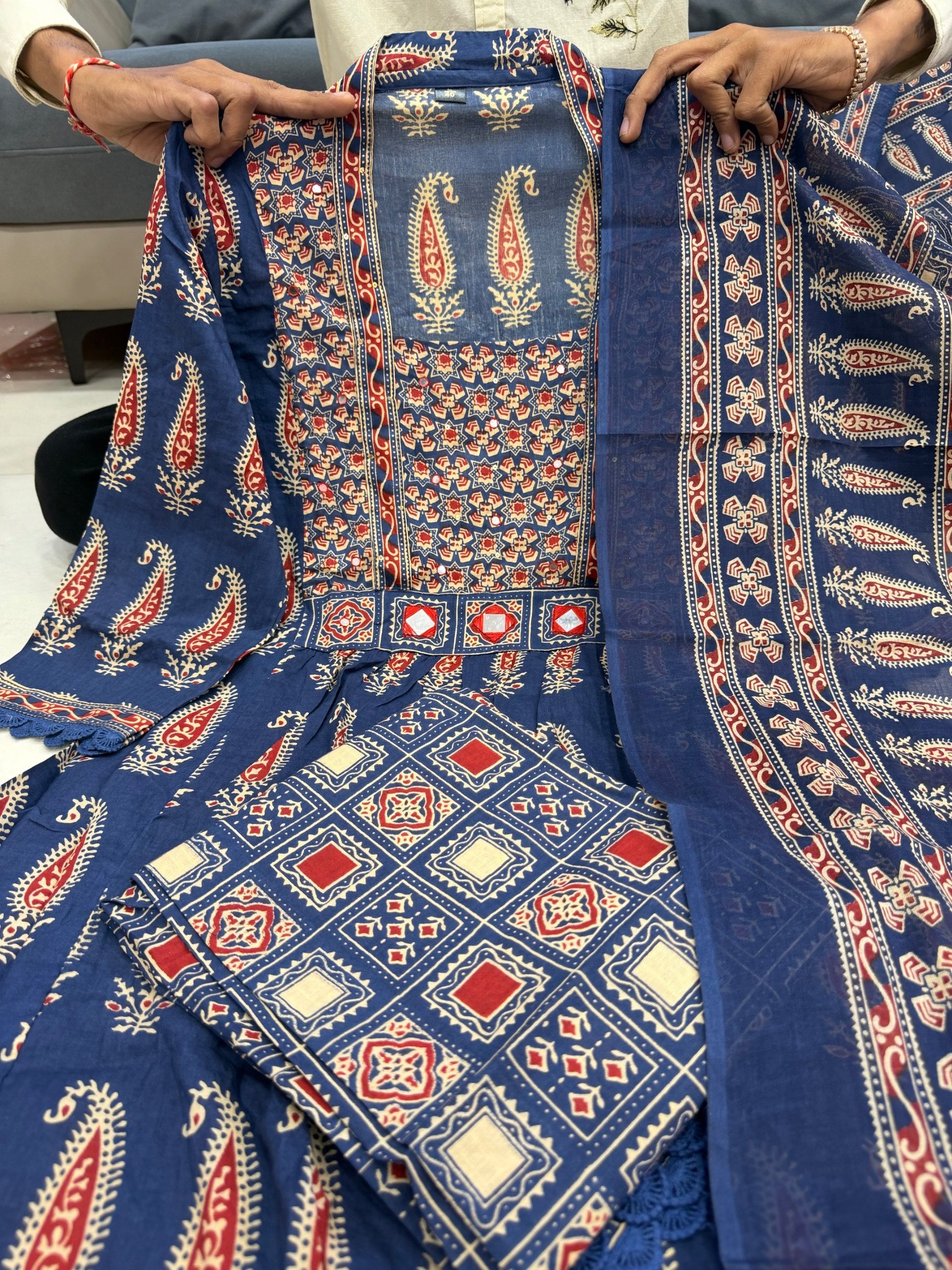 Traditional Indigo Jaipuri Cotton Anarkali Kurta Set with Dupatta