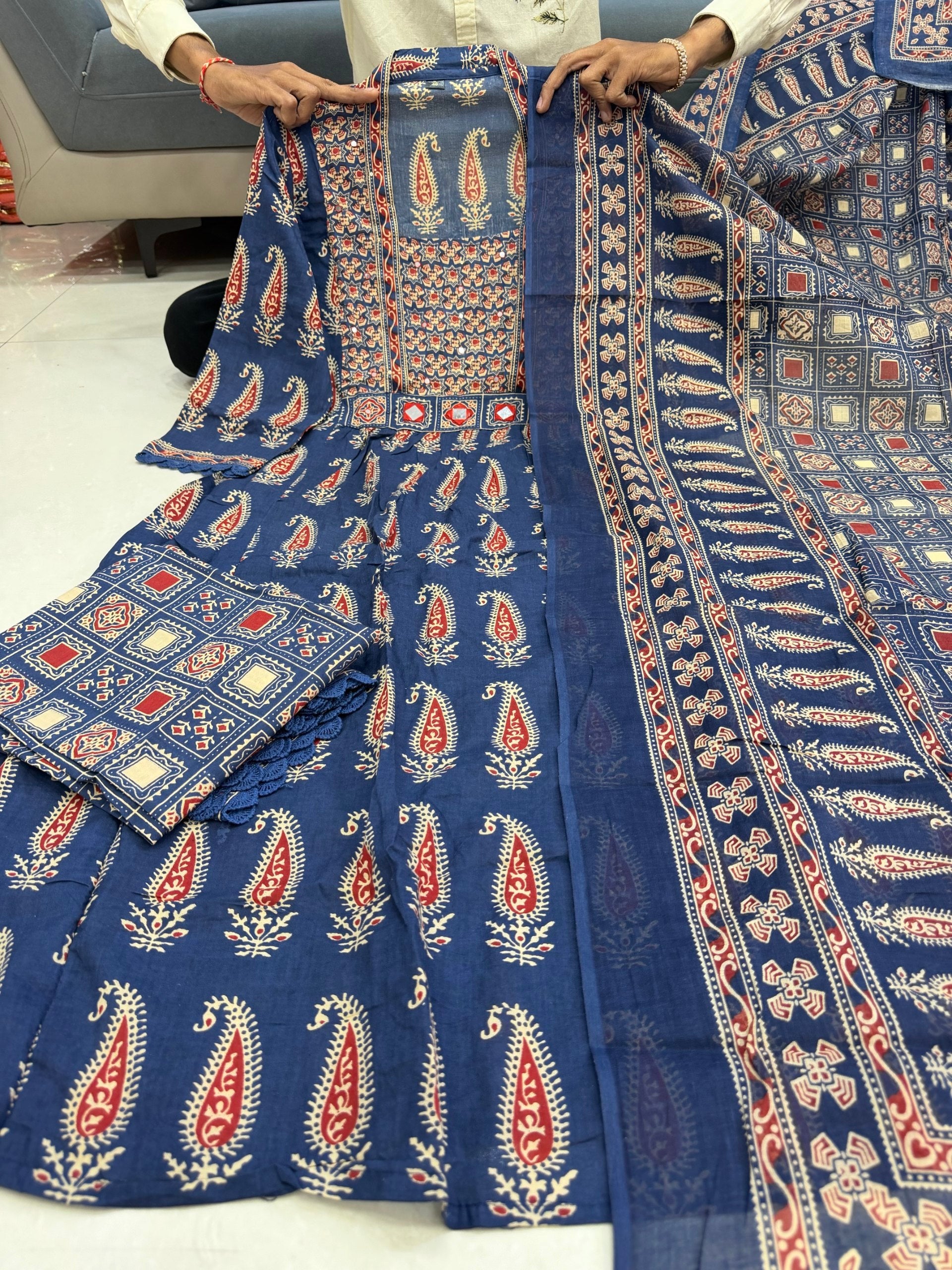 Traditional Indigo Jaipuri Cotton Anarkali Kurta Set with Dupatta