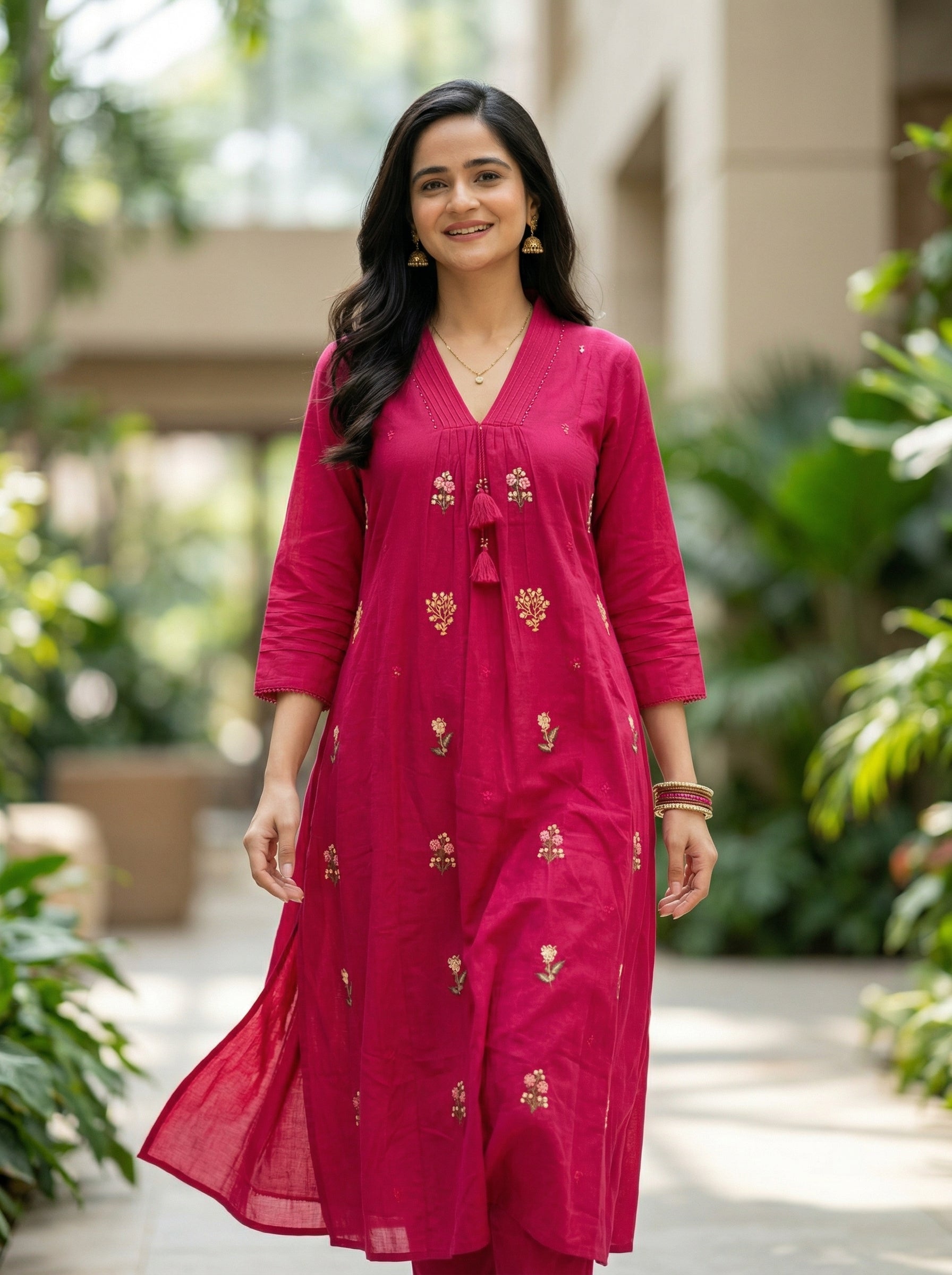 Elegant Rani Pink Cotton Suit Set with Subtle Floral Embroidery
