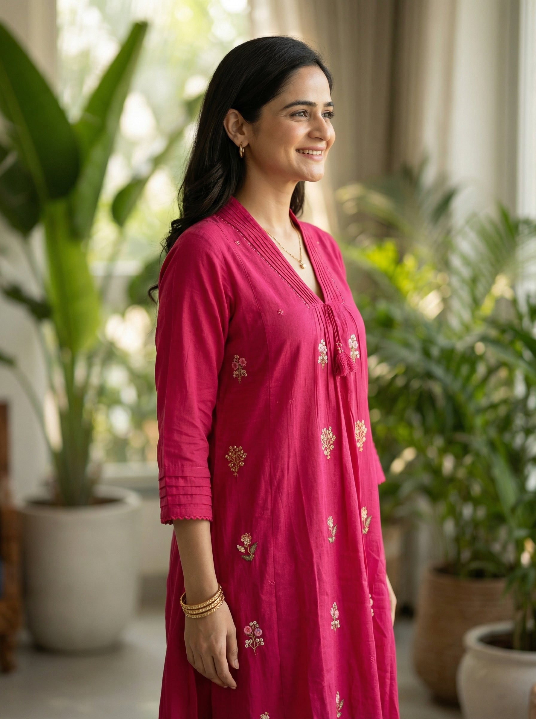 Elegant Rani Pink Cotton Suit Set with Subtle Floral Embroidery