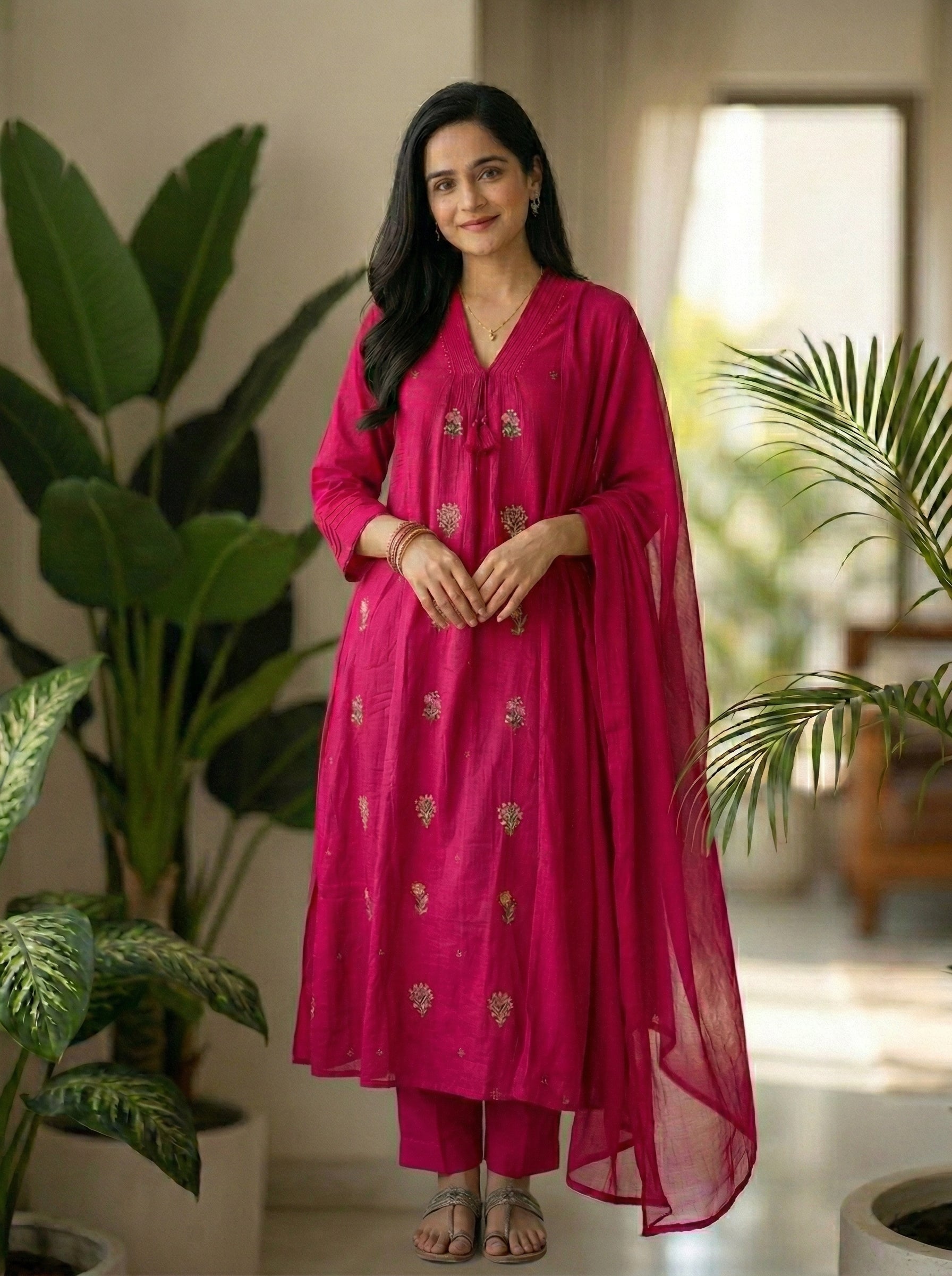 Elegant Rani Pink Cotton Suit Set with Subtle Floral Embroidery