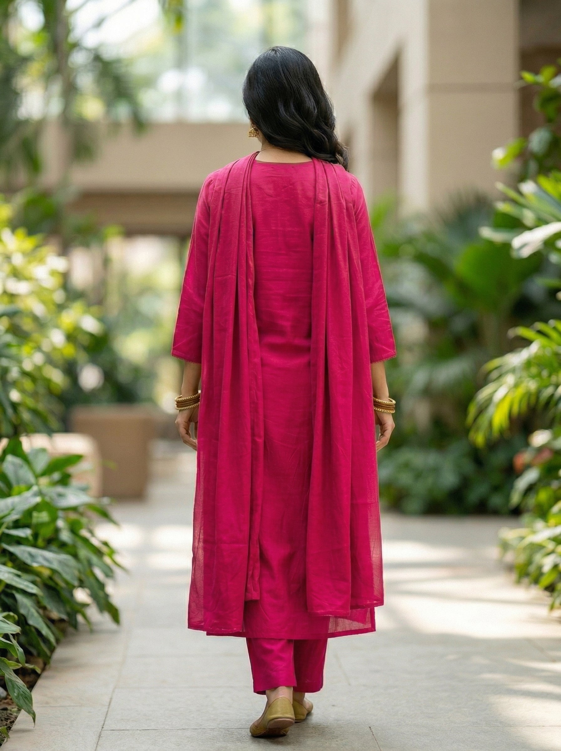 Elegant Rani Pink Cotton Suit Set with Subtle Floral Embroidery