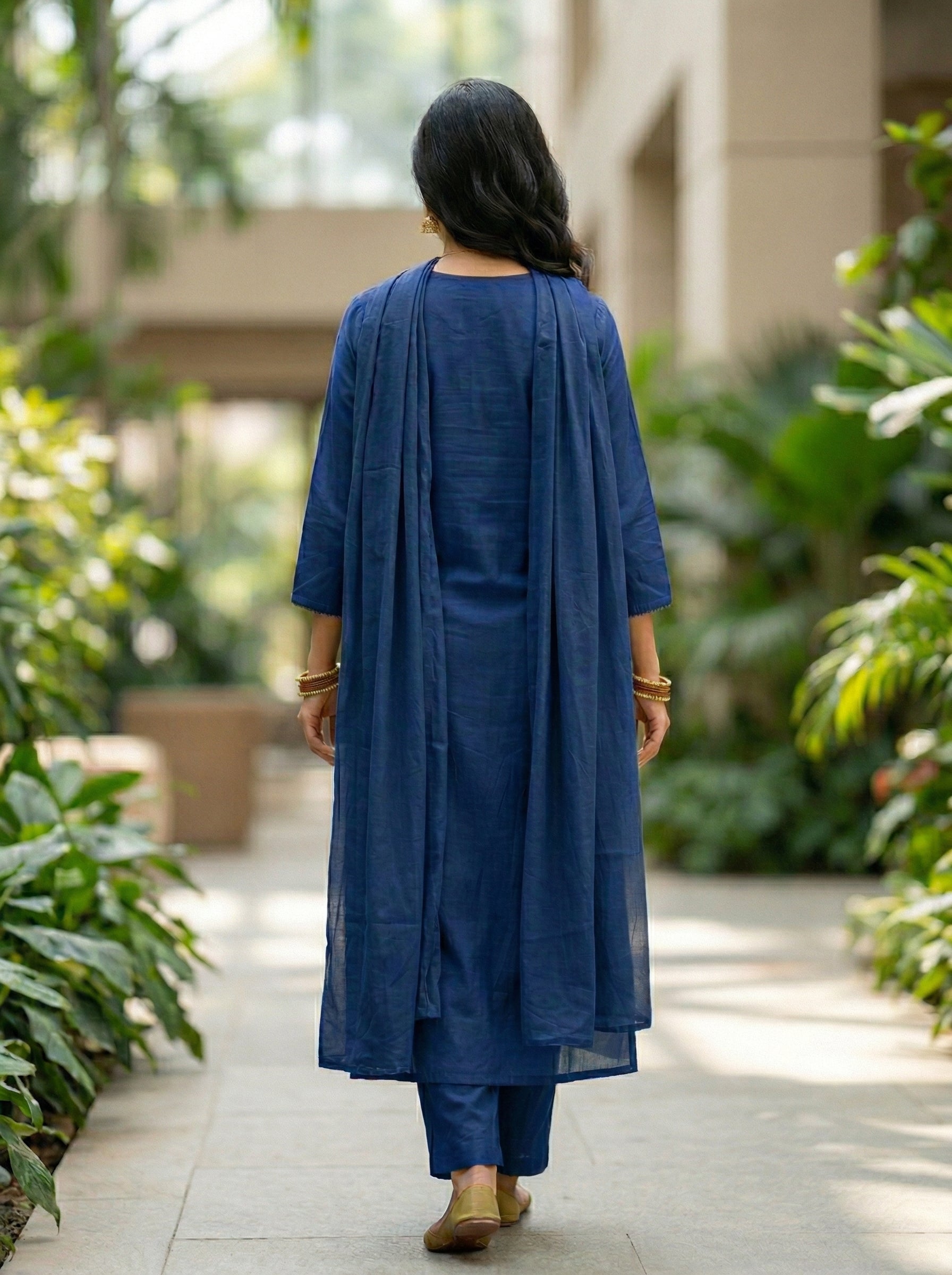 Stylish Navy Blue Cotton Suit Set with Elegant Handwork Touch